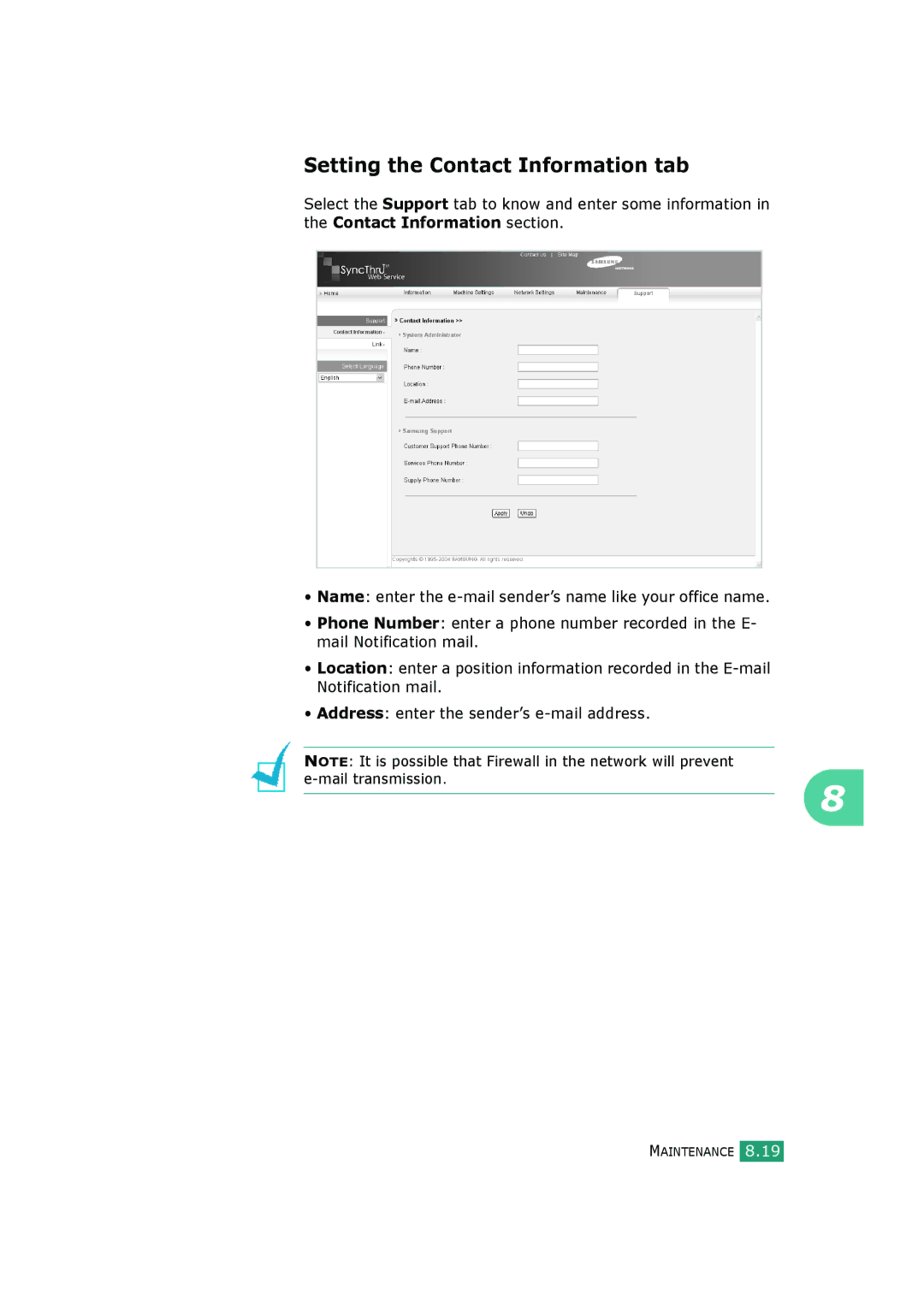 Samsung SCX-4720FS, SCX-4520S manual Setting the Contact Information tab 