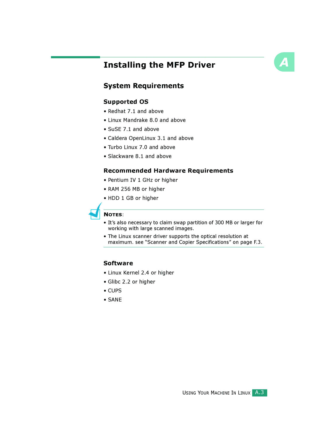 Samsung SCX-4520, SCX-4720FS manual Installing the MFP Driver, Supported OS, Recommended Hardware Requirements, Software 