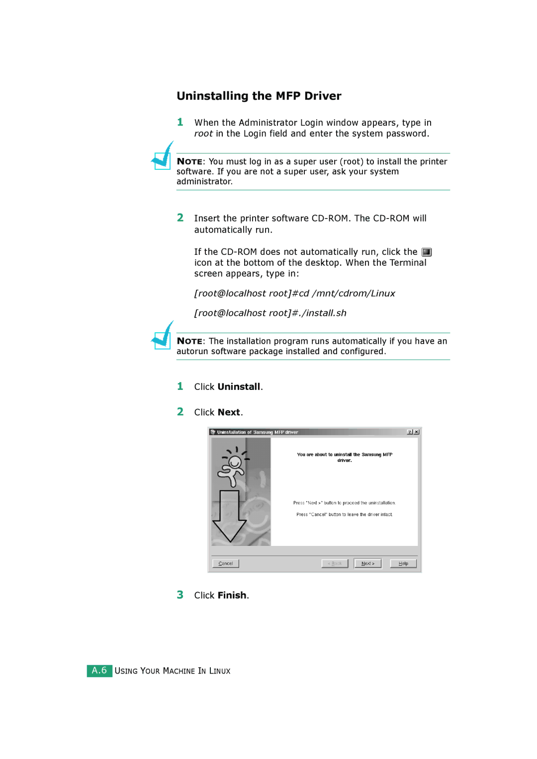 Samsung SCX-4720FS, SCX-4520S manual Click Uninstall, Click Next Click Finish 