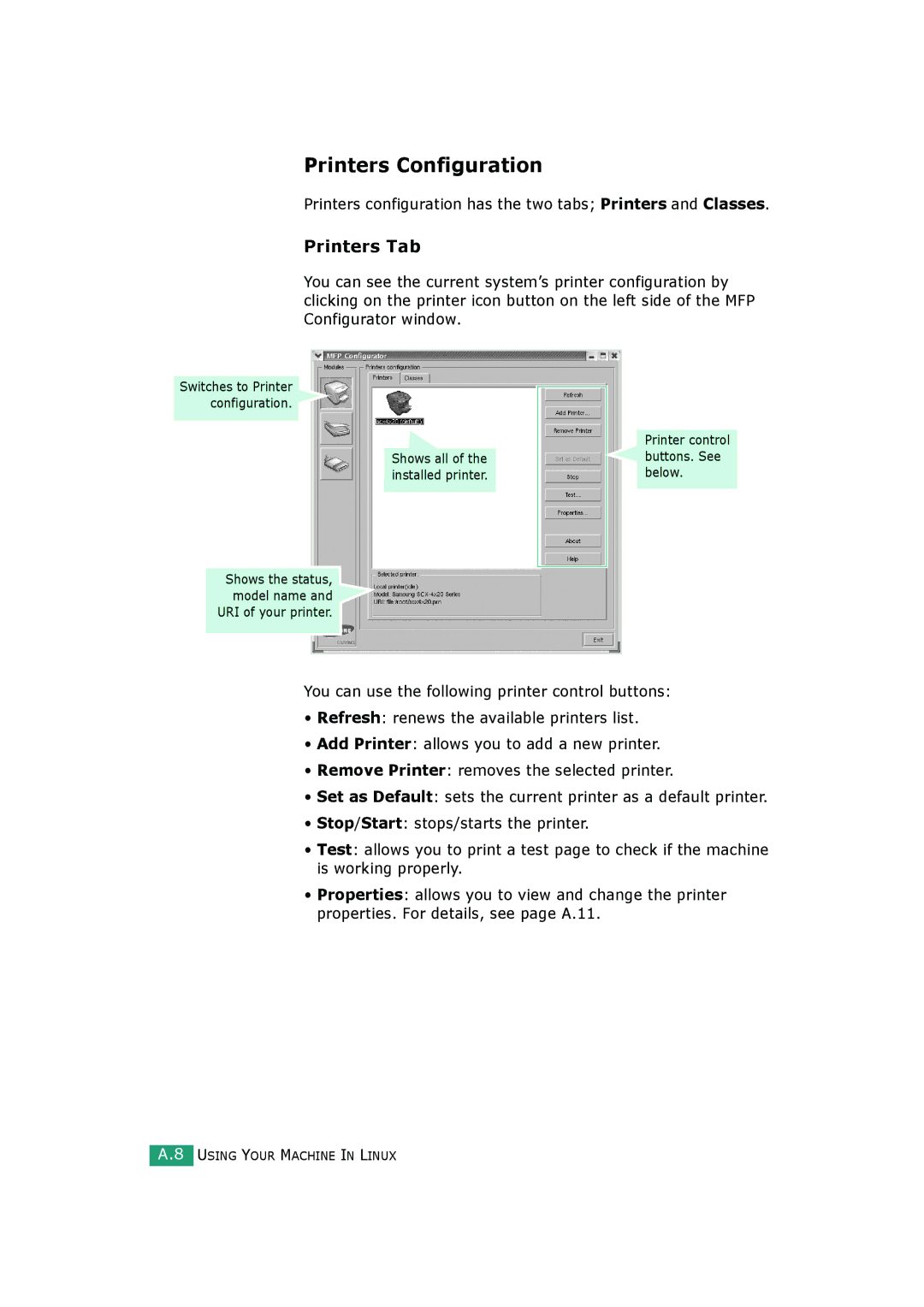 Samsung SCX-4520S, SCX-4720FS manual Printers Configuration, Printers Tab 