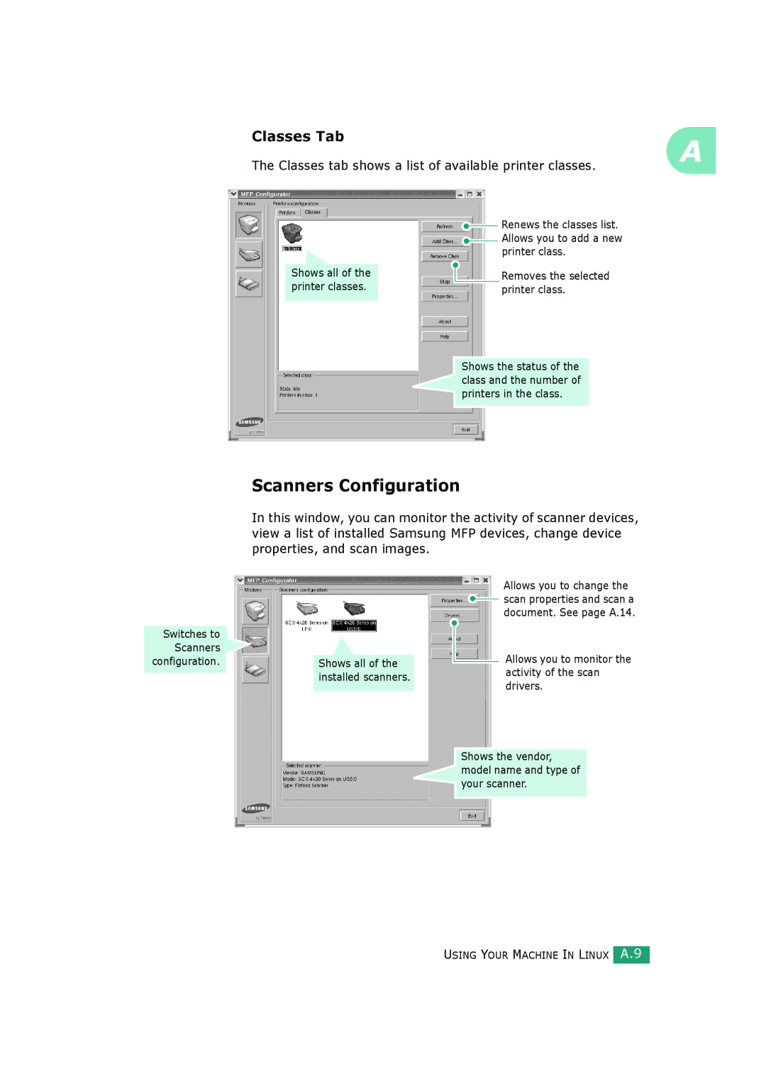 Samsung SCX-4520, SCX-4720FS Scanners Configuration, Classes Tab, Classes tab shows a list of available printer classes 