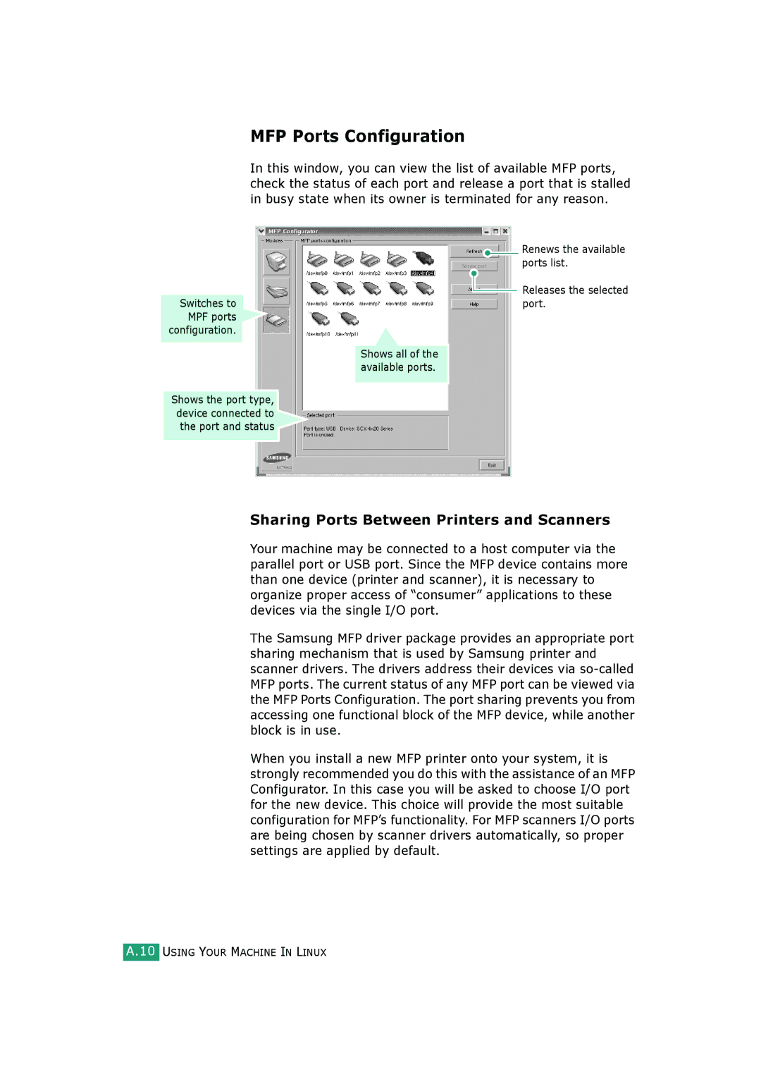 Samsung SCX-4720FS, SCX-4520S manual MFP Ports Configuration, Sharing Ports Between Printers and Scanners 