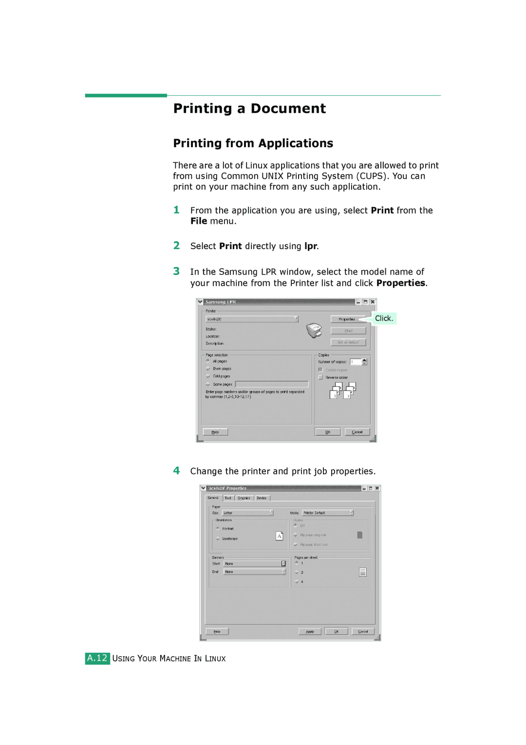 Samsung SCX-4520, SCX-4720FS Printing a Document, Printing from Applications, Change the printer and print job properties 