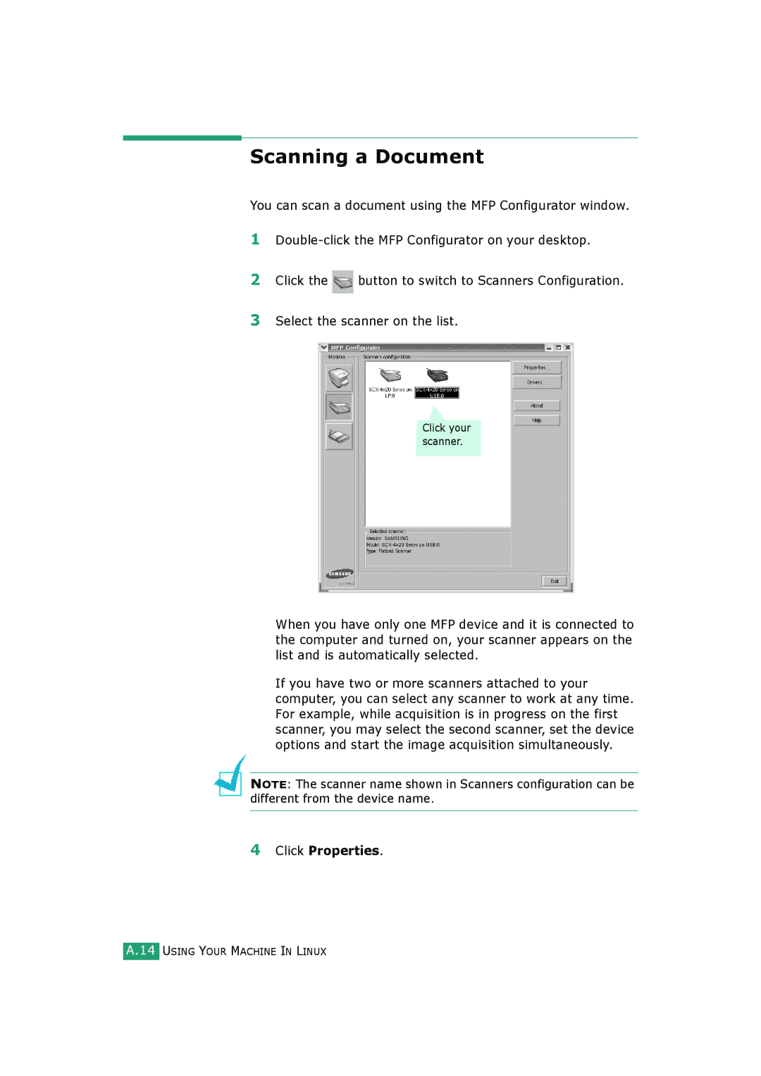 Samsung SCX-4520S, SCX-4720FS manual Scanning a Document, Click Properties 