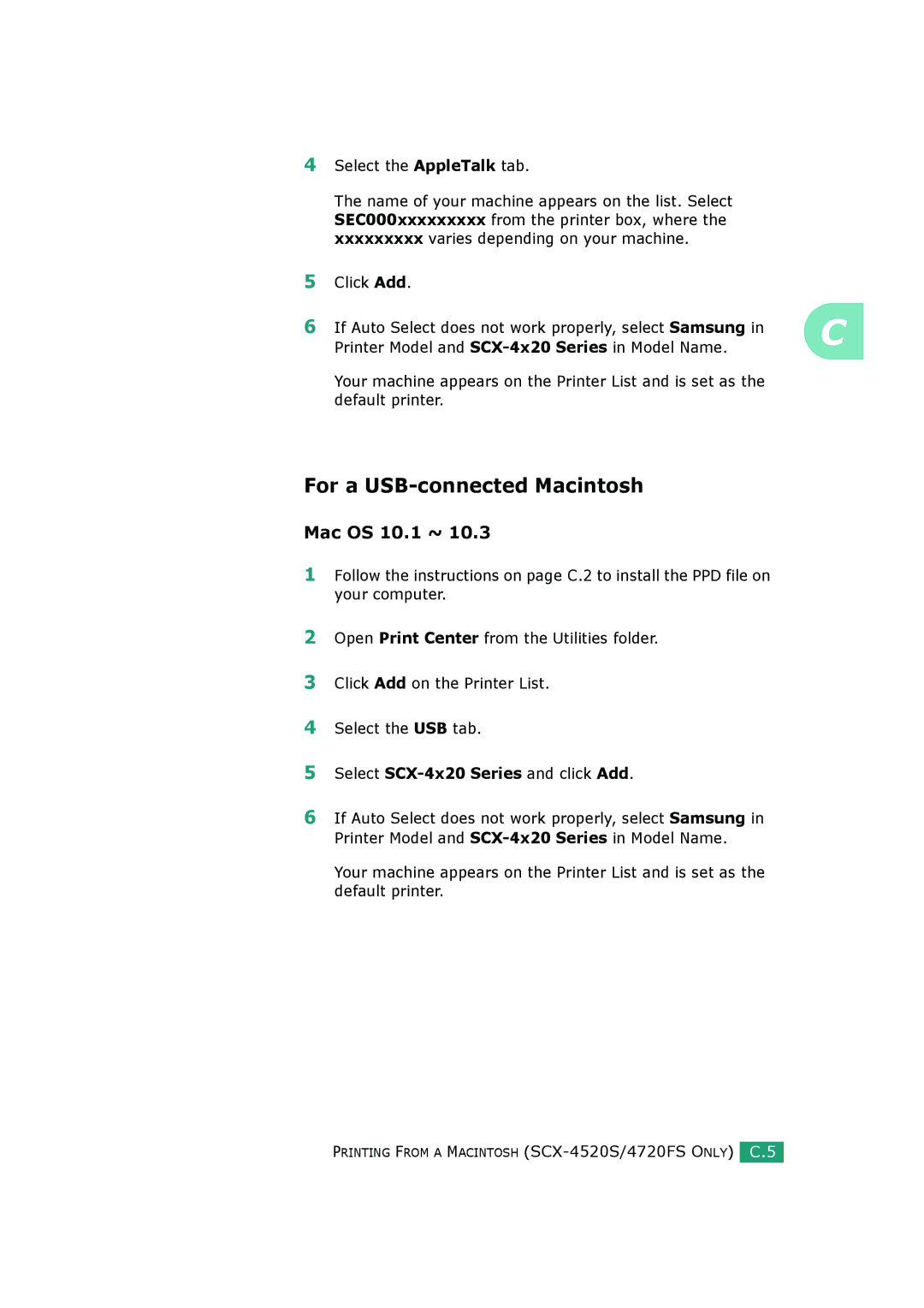 Samsung SCX-4720FS, SCX-4520 For a USB-connected Macintosh, Select the AppleTalk tab, Select SCX-4x20 Series and click Add 