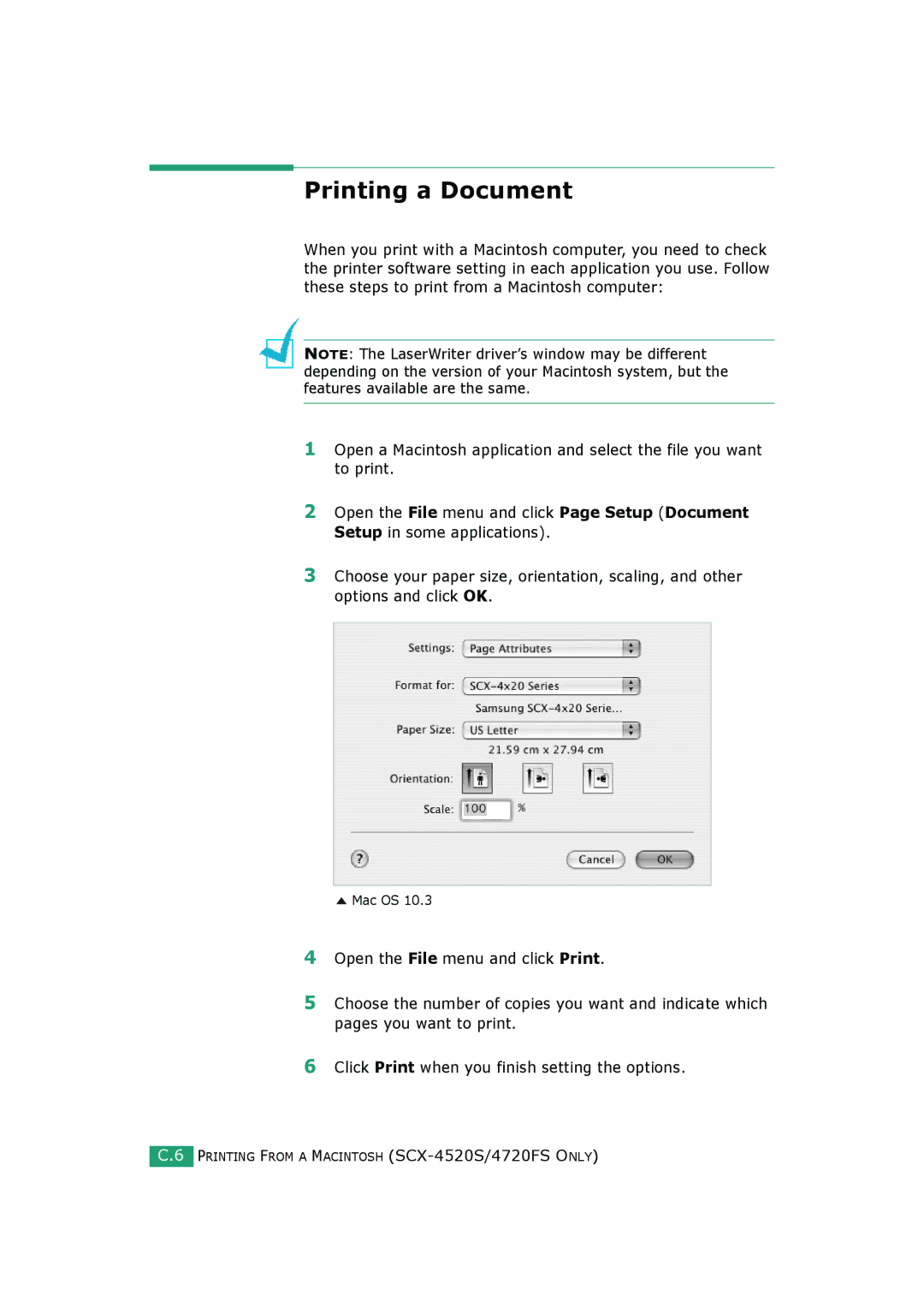 Samsung SCX-4520S, SCX-4720FS manual Printing a Document 