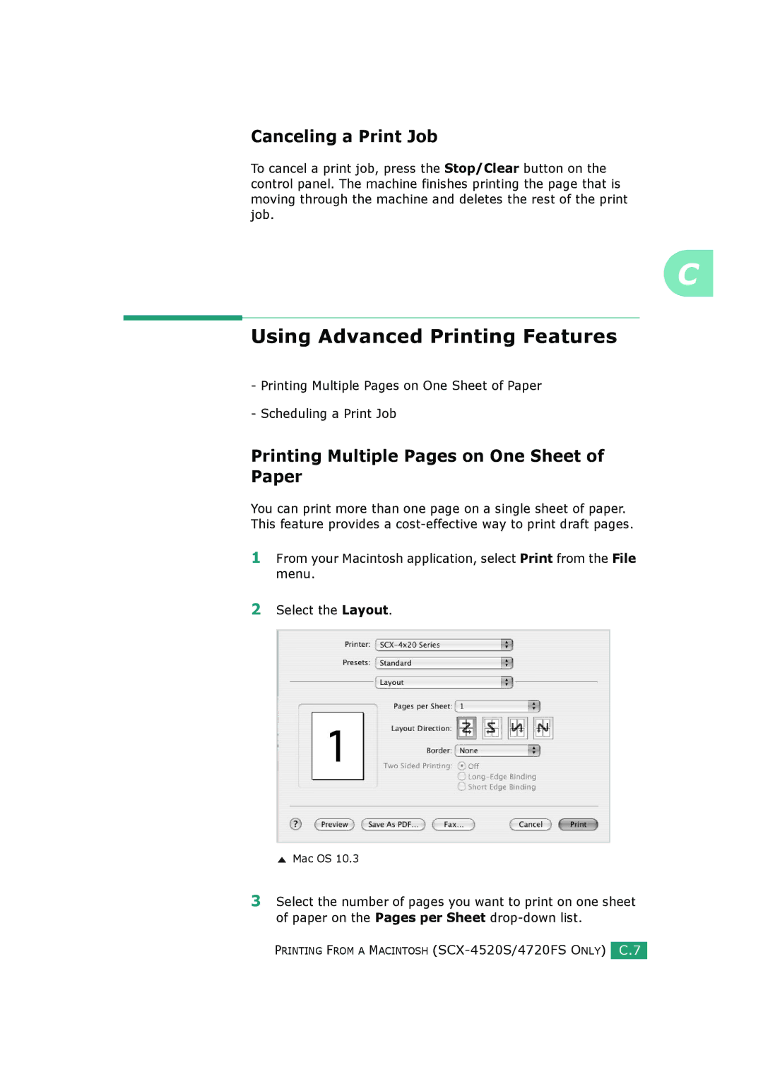 Samsung SCX-4720FS, SCX-4520S manual Using Advanced Printing Features, Printing Multiple Pages on One Sheet of Paper 