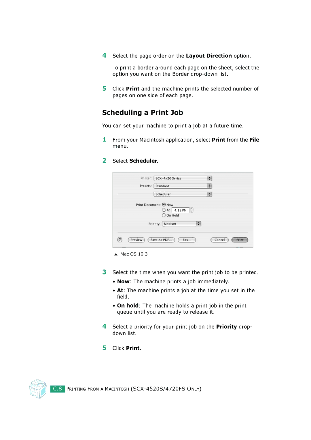 Samsung SCX-4720FS, SCX-4520S manual Scheduling a Print Job, Select Scheduler 