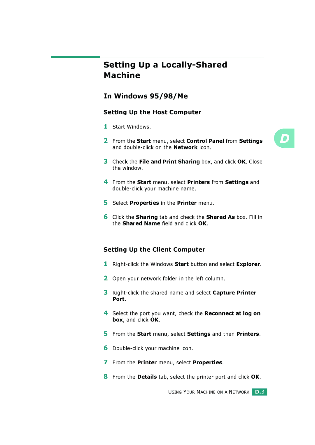 Samsung SCX-4720FS, SCX-4520S manual Setting Up a Locally-Shared Machine, Windows 95/98/Me, Setting Up the Host Computer 