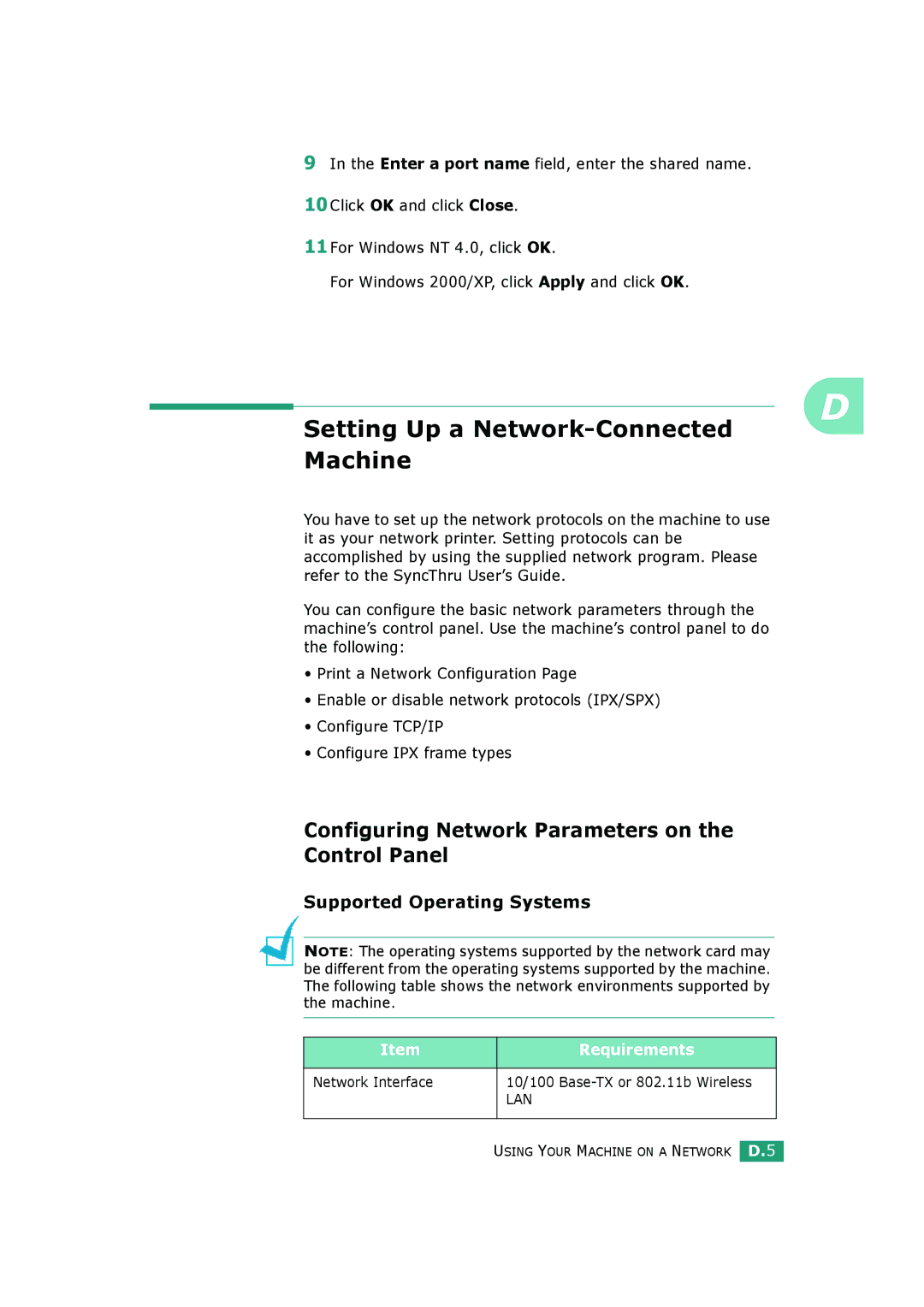 Samsung SCX-4520, SCX-4720FS Setting Up a Network-Connected Machine, Configuring Network Parameters on the Control Panel 