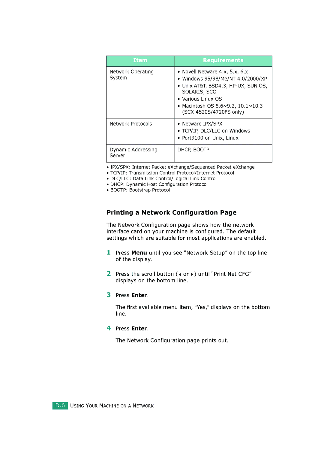 Samsung SCX-4720FS Printing a Network Configuration, Network Operating Novell Netware 4.x, 5.x System, Various Linux OS 