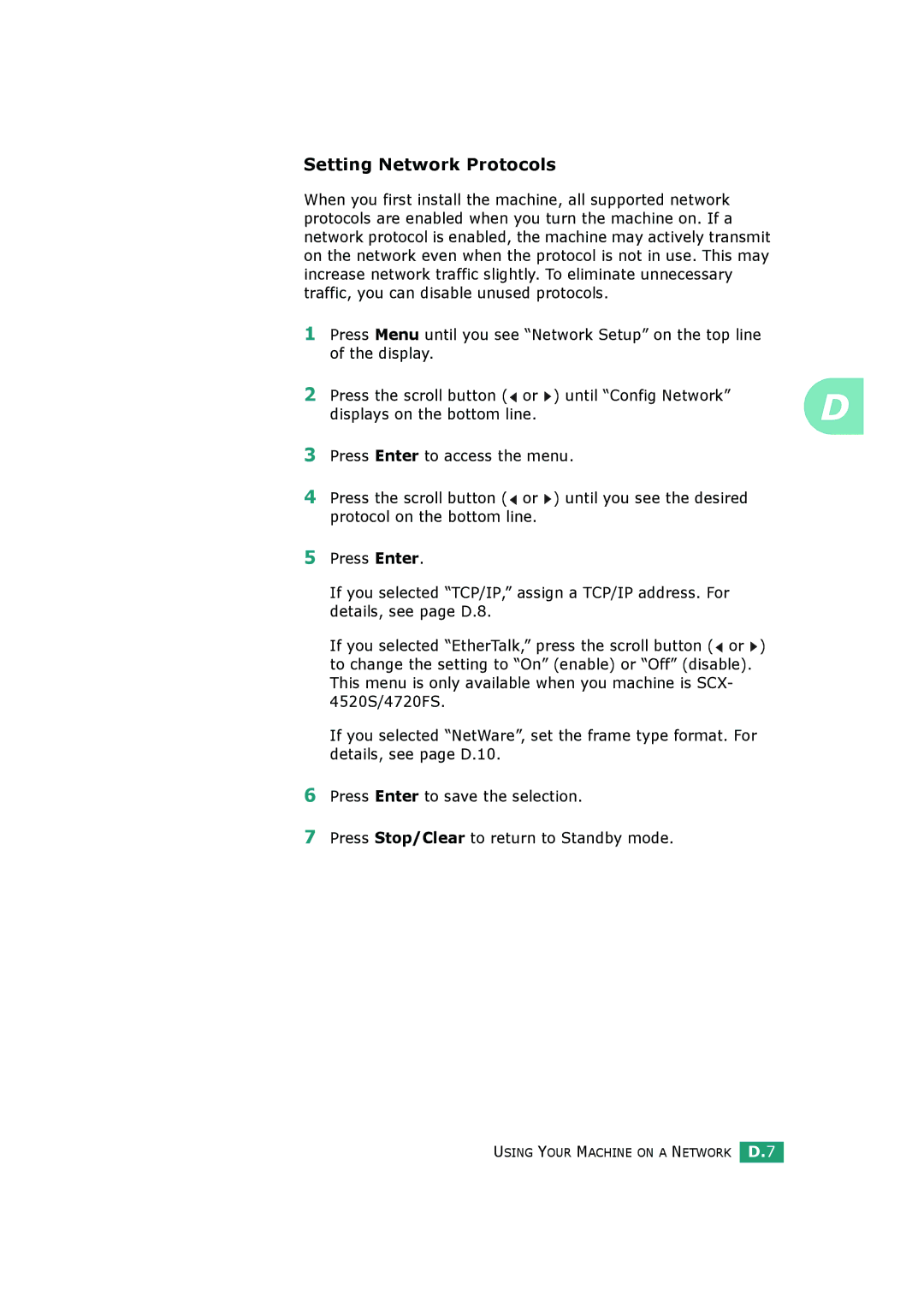 Samsung SCX-4520S, SCX-4720FS manual Setting Network Protocols 