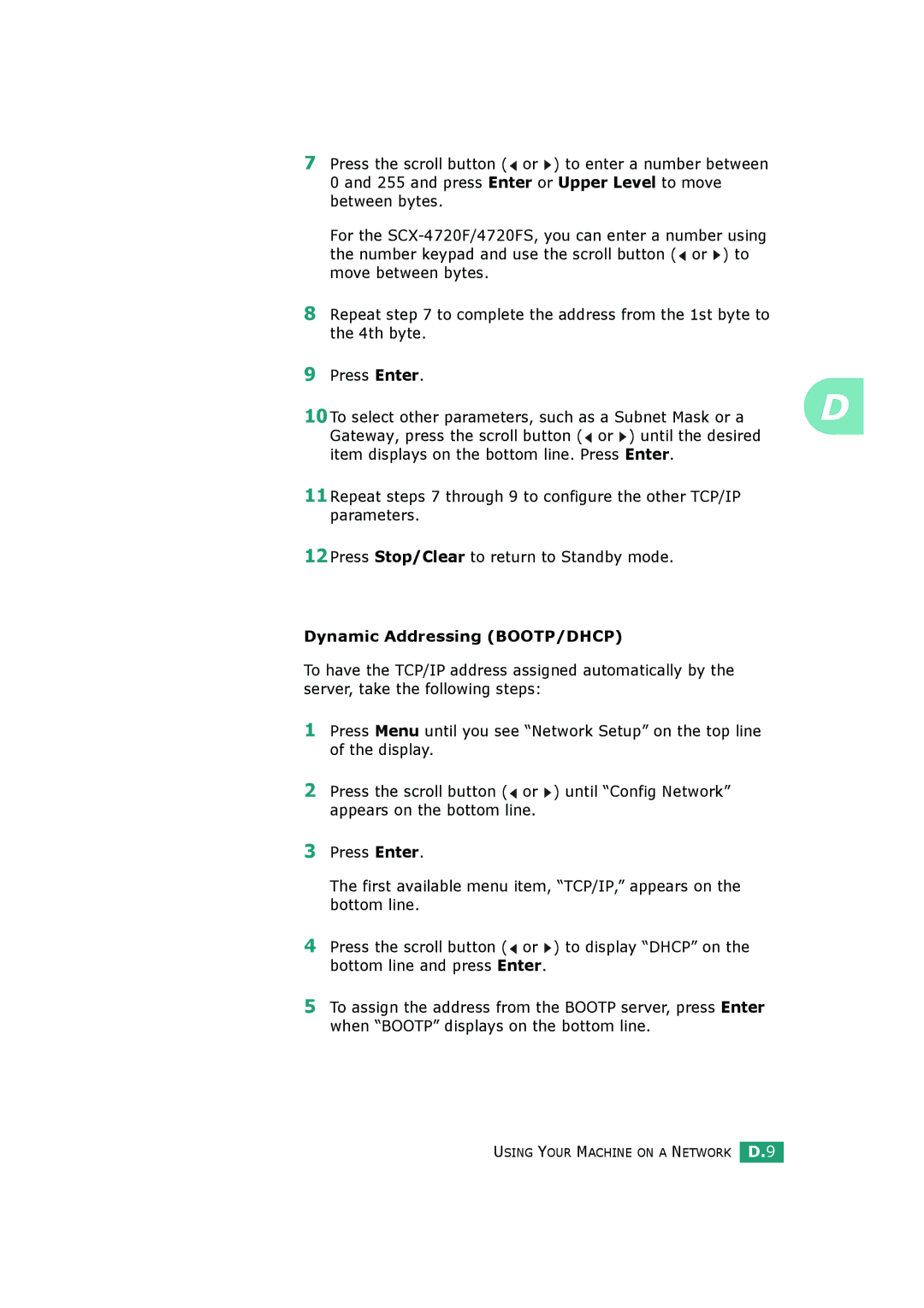 Samsung SCX-4720FS, SCX-4520S manual Dynamic Addressing BOOTP/DHCP 