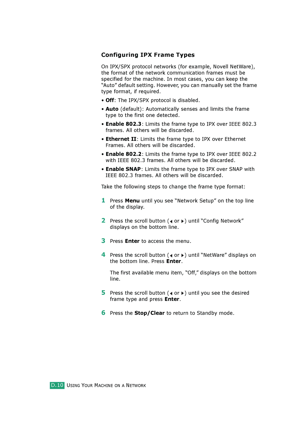 Samsung SCX-4520S, SCX-4720FS manual Configuring IPX Frame Types 