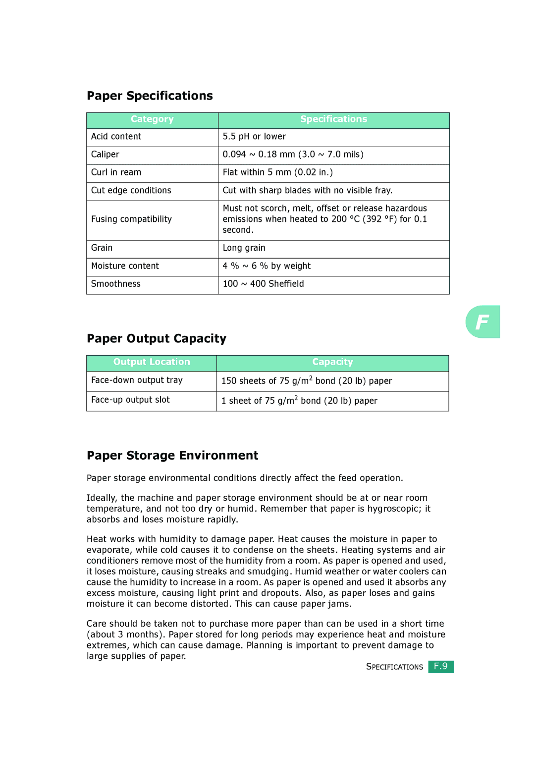 Samsung SCX-4520S manual Paper Specifications, Paper Output Capacity, Paper Storage Environment, Category Specifications 