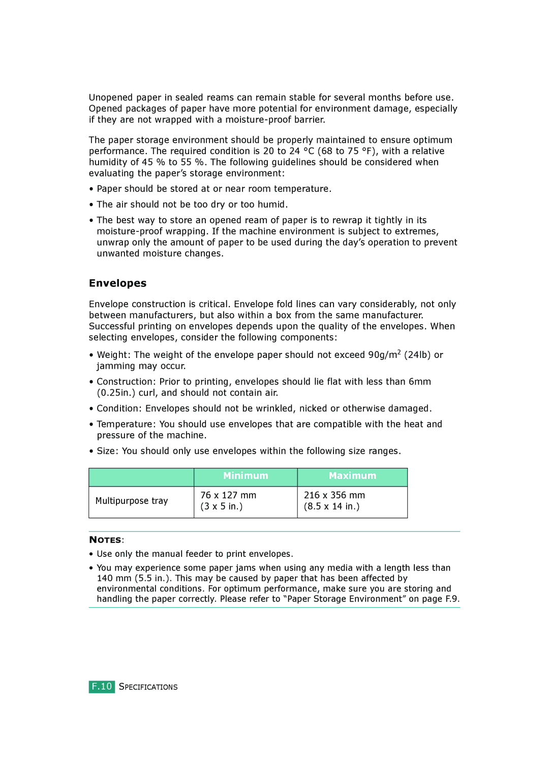 Samsung SCX-4720FS, SCX-4520S manual Envelopes, Minimum Maximum 