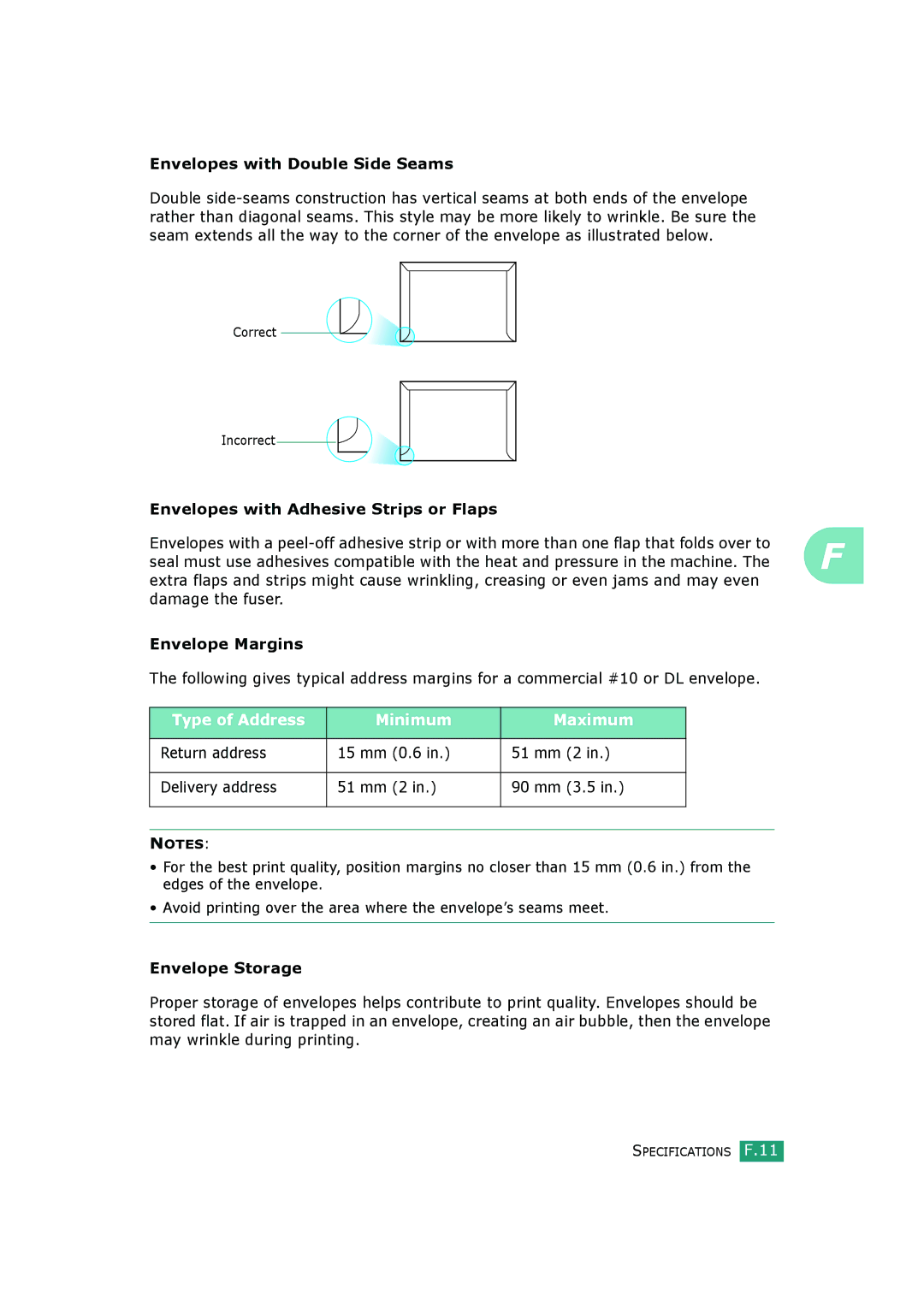 Samsung SCX-4720FS, SCX-4520 Envelopes with Double Side Seams, Envelopes with Adhesive Strips or Flaps, Envelope Margins 