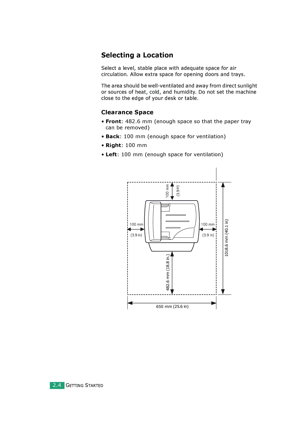 Samsung SCX-4720FS, SCX-4520S manual Selecting a Location, Clearance Space 