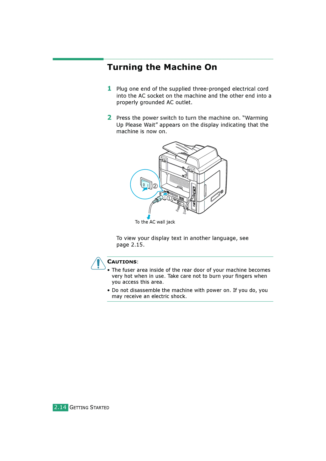 Samsung SCX-4520S, SCX-4720FS manual Turning the Machine On 