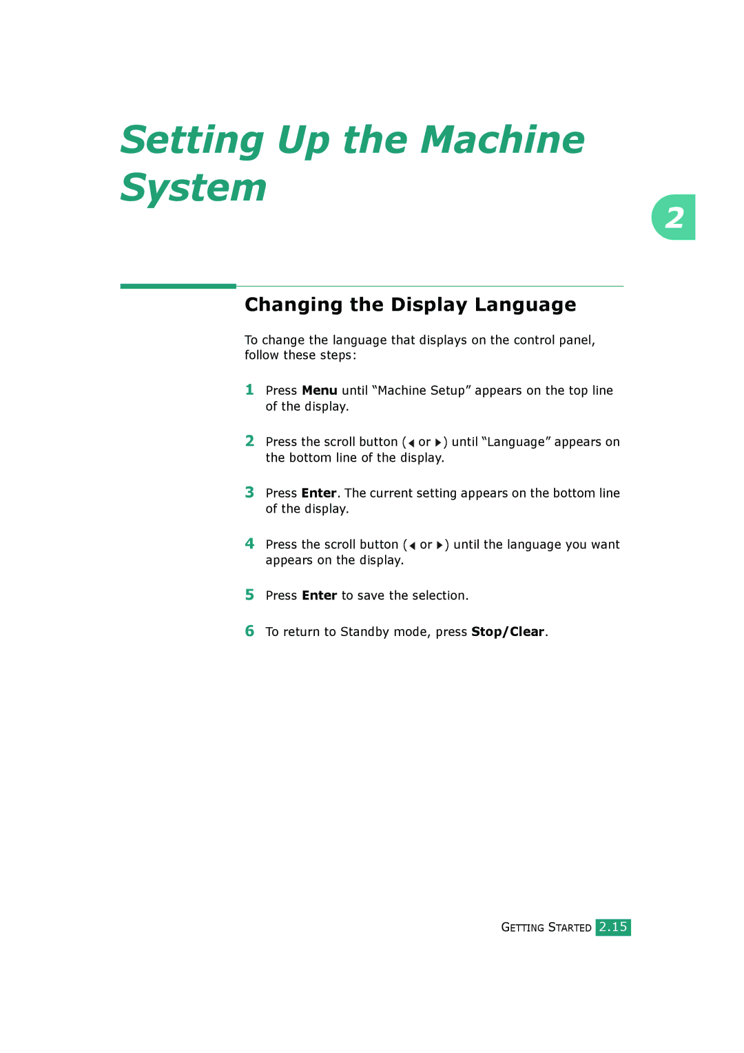 Samsung SCX-4720FS, SCX-4520S manual Setting Up the Machine System, Changing the Display Language 