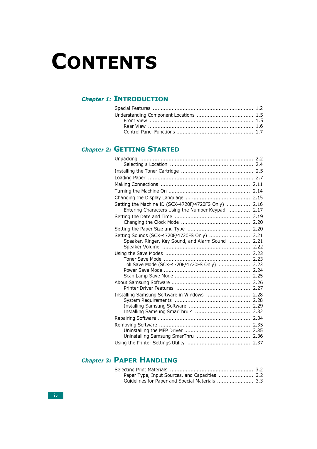 Samsung SCX-4520S, SCX-4720FS manual Contents 