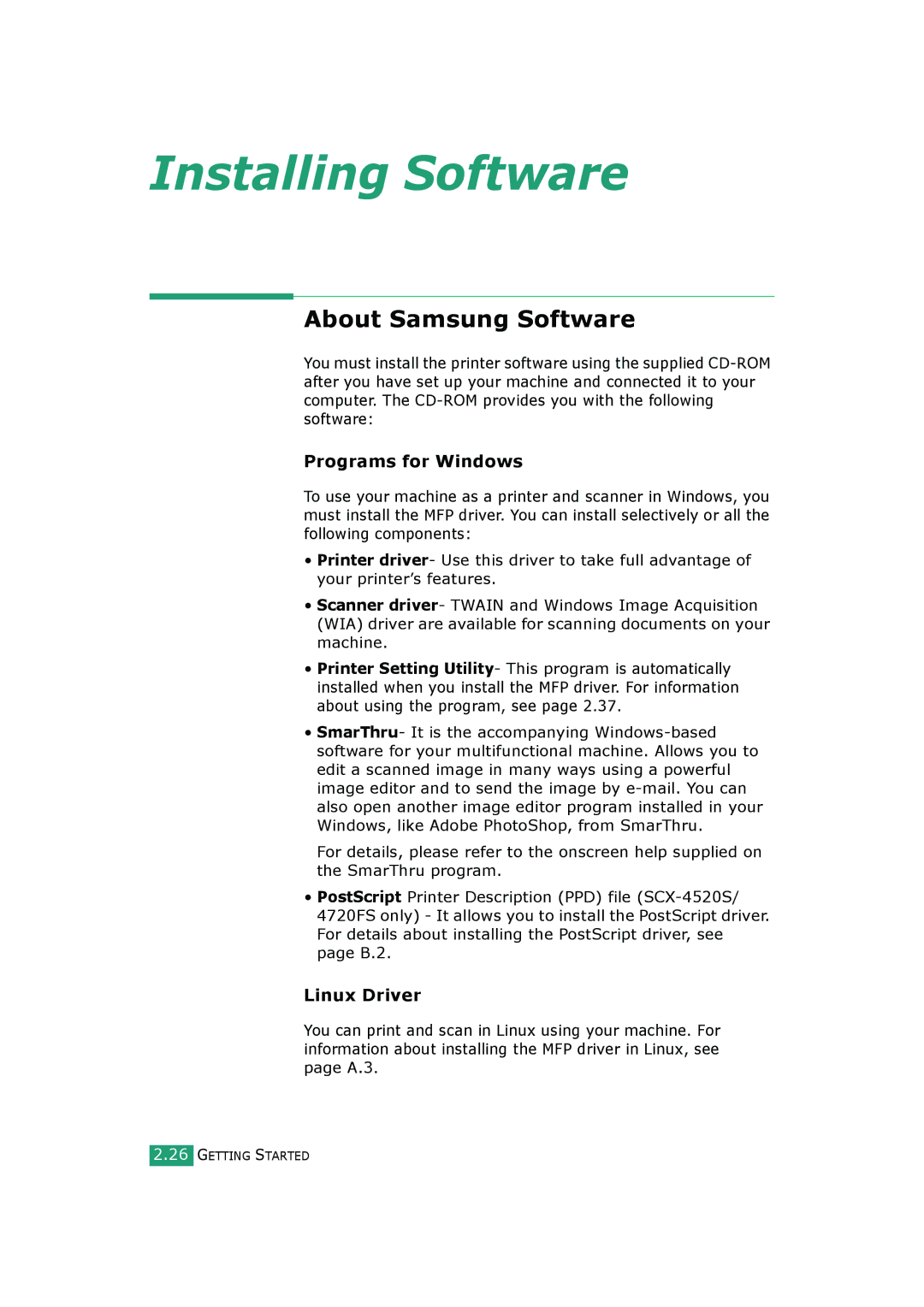 Samsung SCX-4520S, SCX-4720FS manual About Samsung Software, Programs for Windows, Linux Driver 