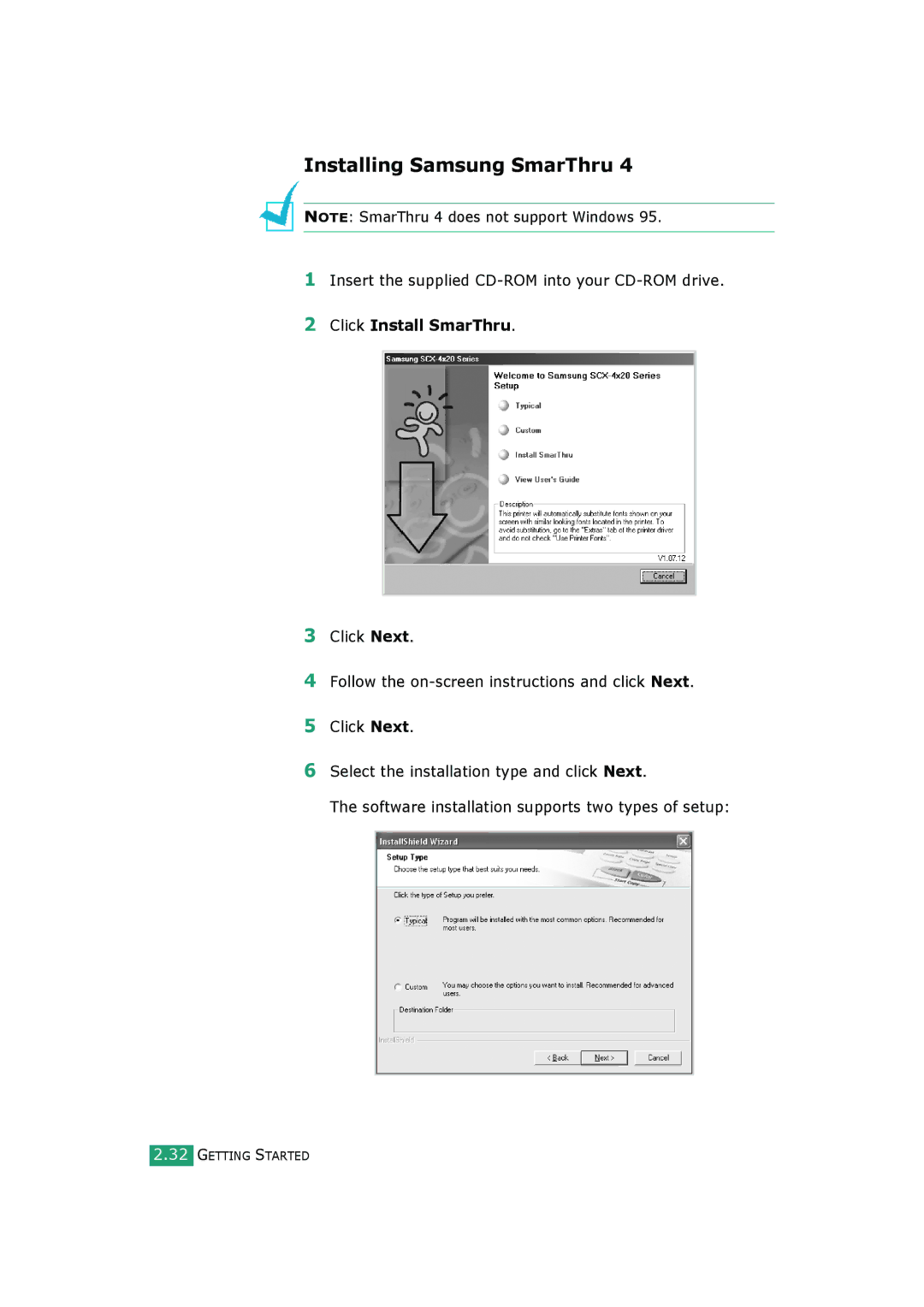 Samsung SCX-4520S, SCX-4720FS manual Installing Samsung SmarThru, Click Install SmarThru 