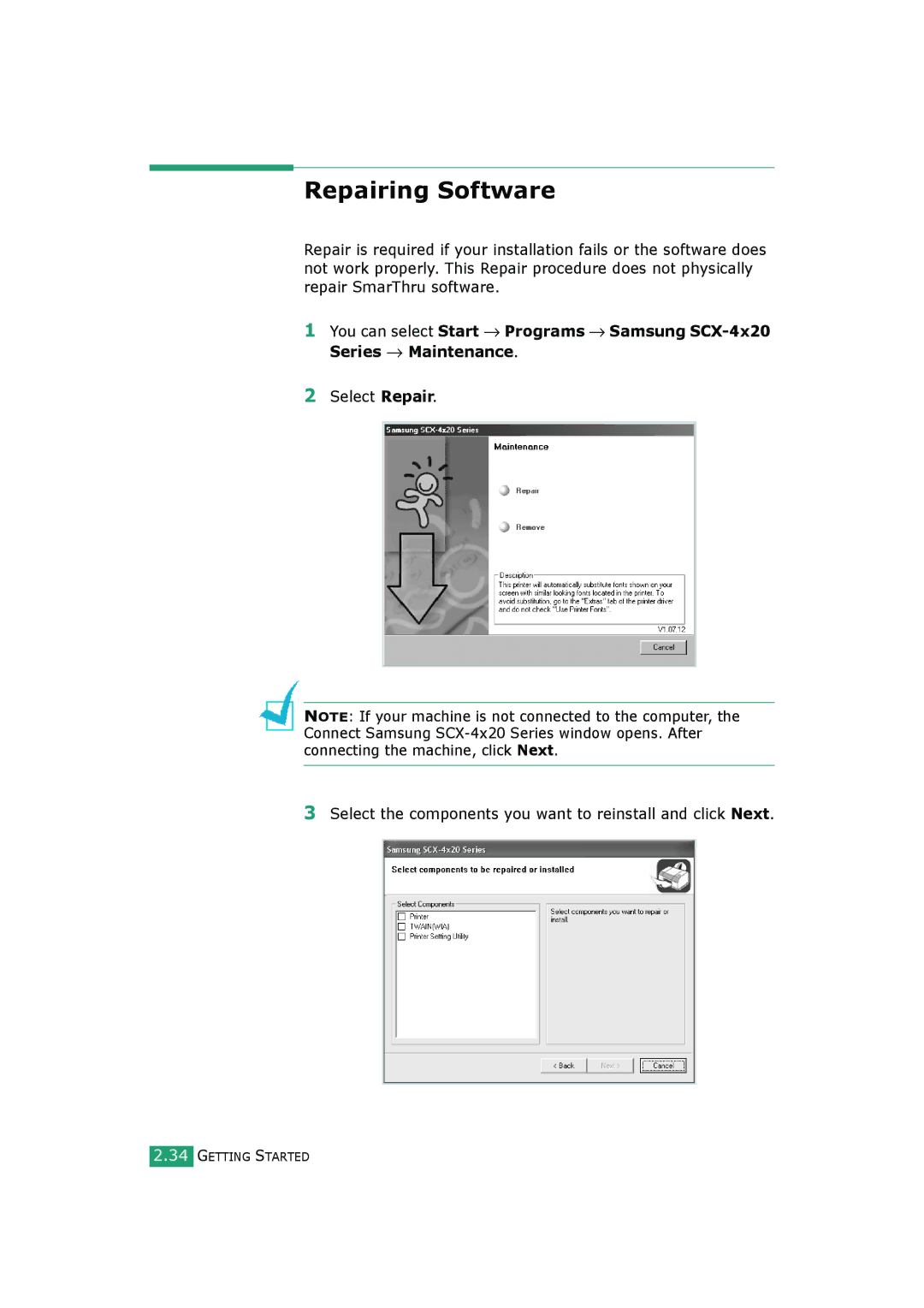 Samsung SCX-4720FS, SCX-4520S manual Repairing Software 