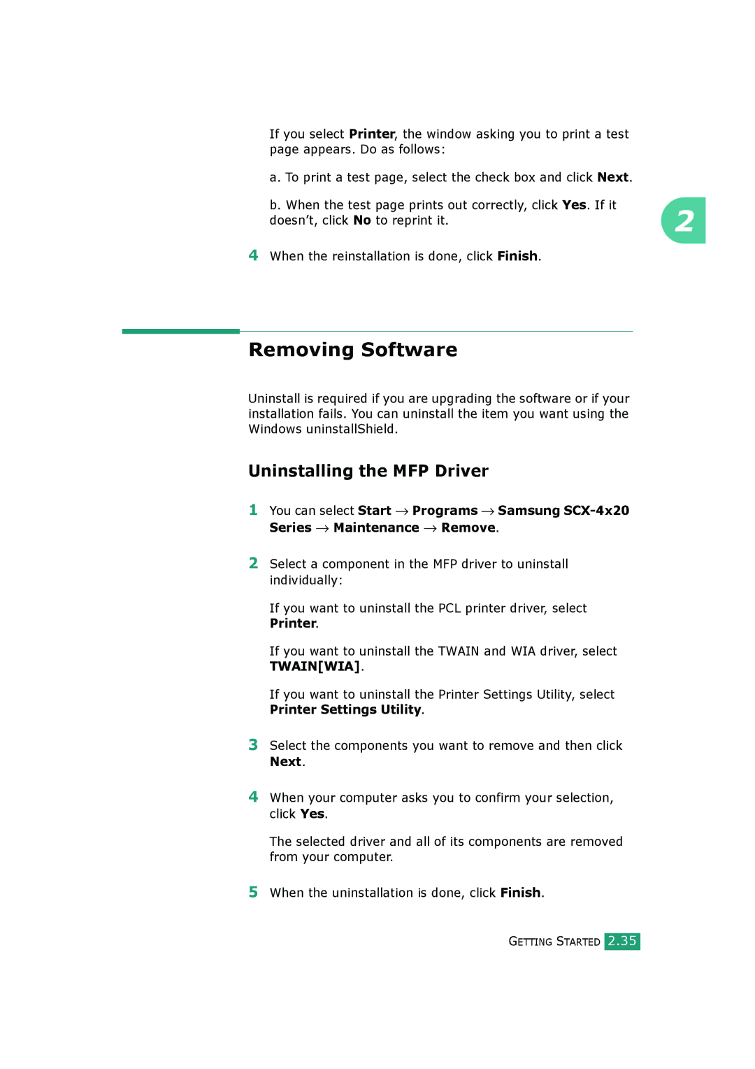 Samsung SCX-4520S, SCX-4720FS manual Removing Software, Uninstalling the MFP Driver 