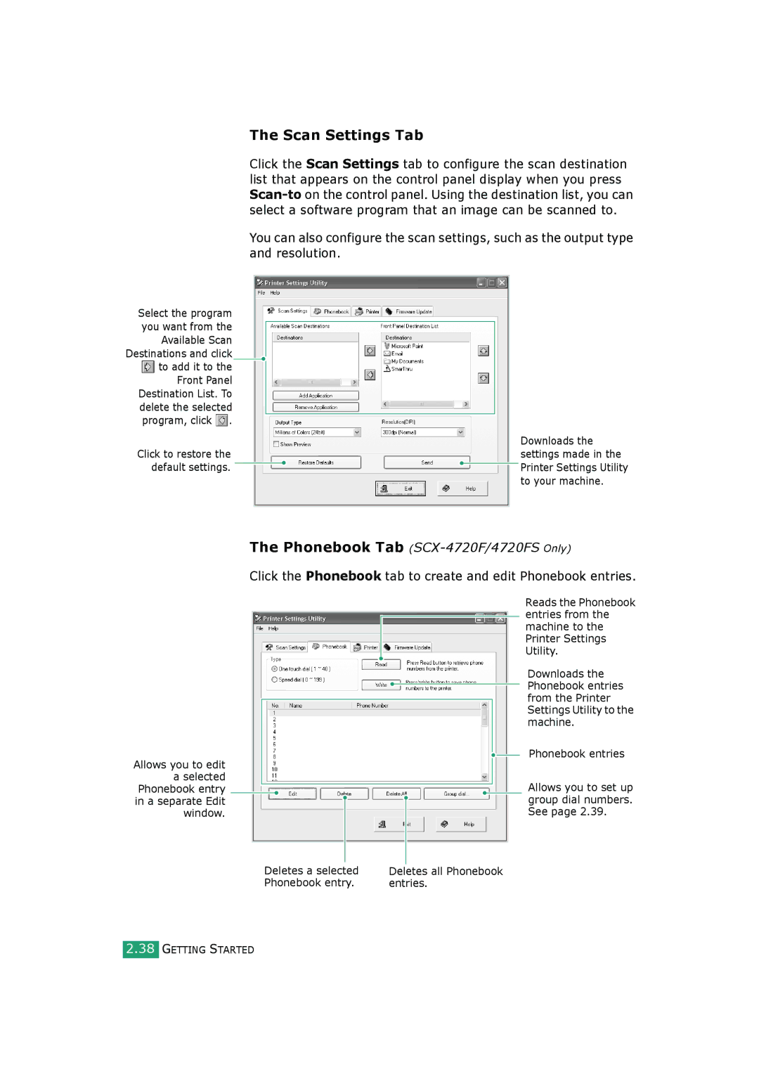 Samsung SCX-4520S, SCX-4720FS manual Scan Settings Tab, Phonebook Tab SCX-4720F/4720FSOnly 