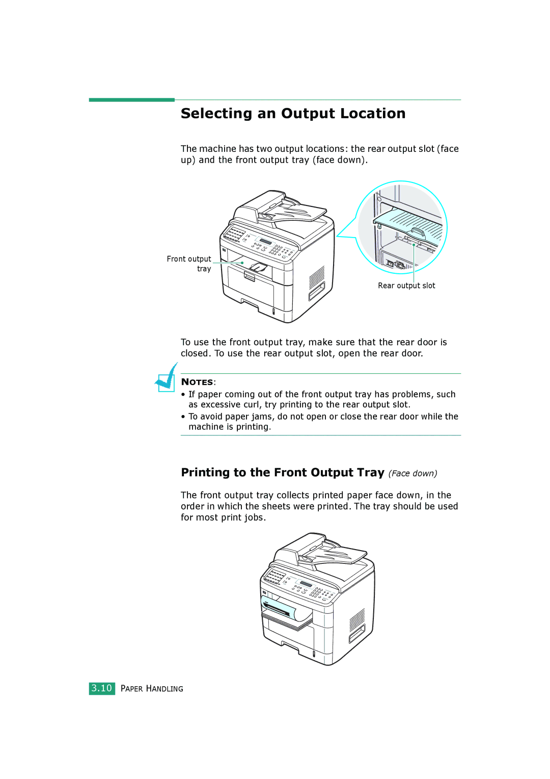 Samsung SCX-4520S, SCX-4720FS manual Selecting an Output Location, Printing to the Front Output Tray Face down 