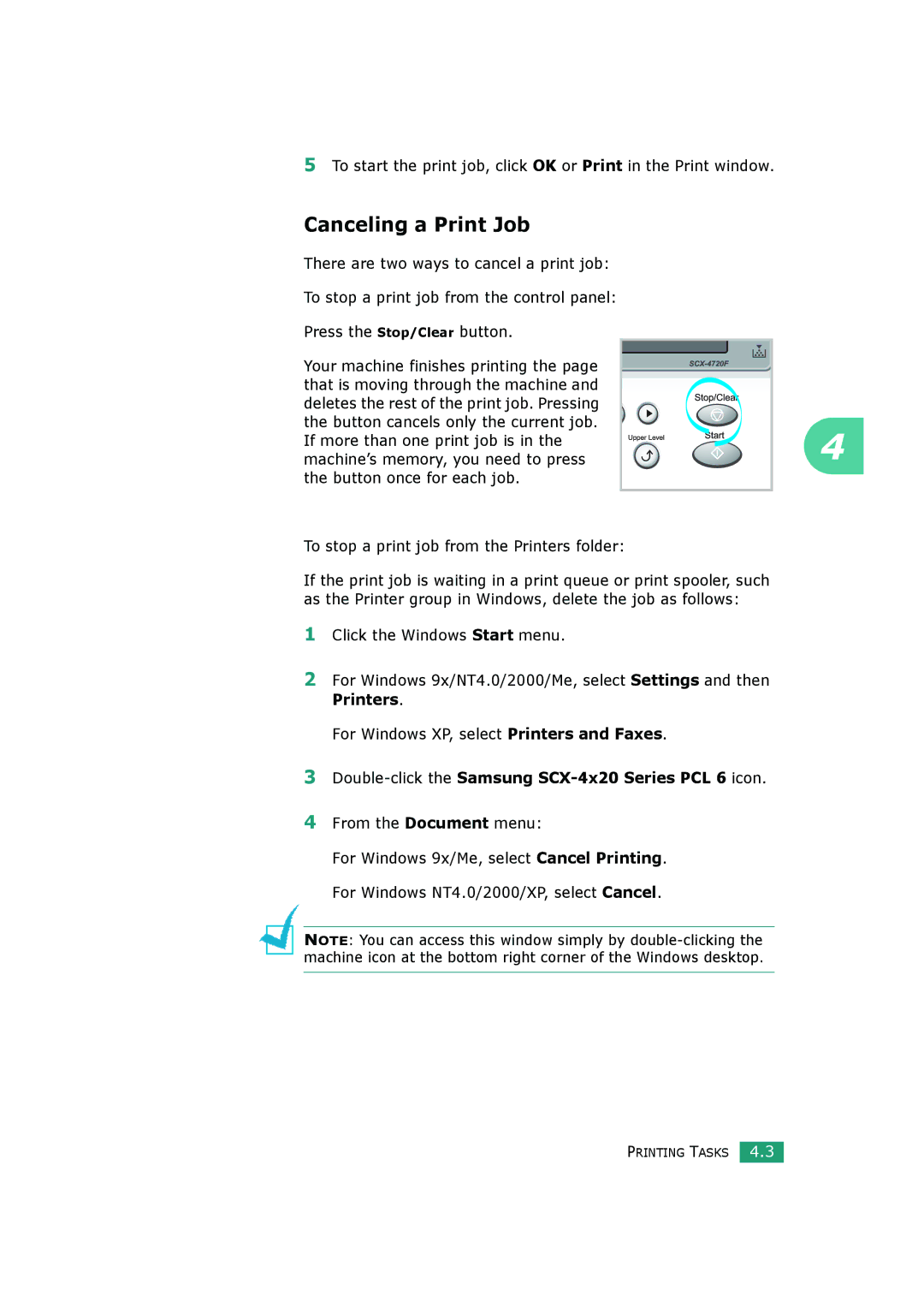 Samsung SCX-4720FS, SCX-4520 Canceling a Print Job, To stop a print job from the Printers folder, From the Document menu 