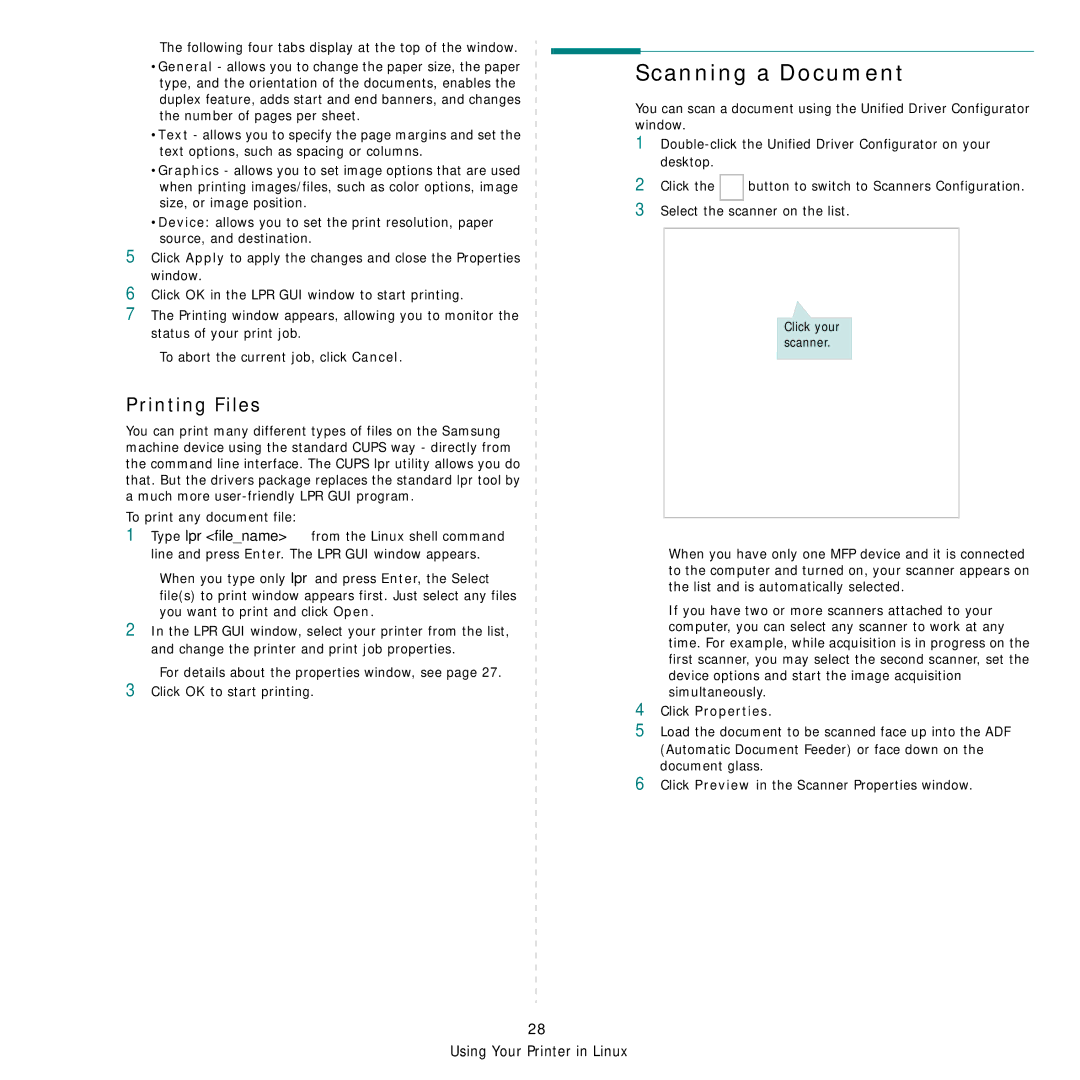 Samsung SCX-4521FG manual Scanning a Document, Printing Files, Click Properties 