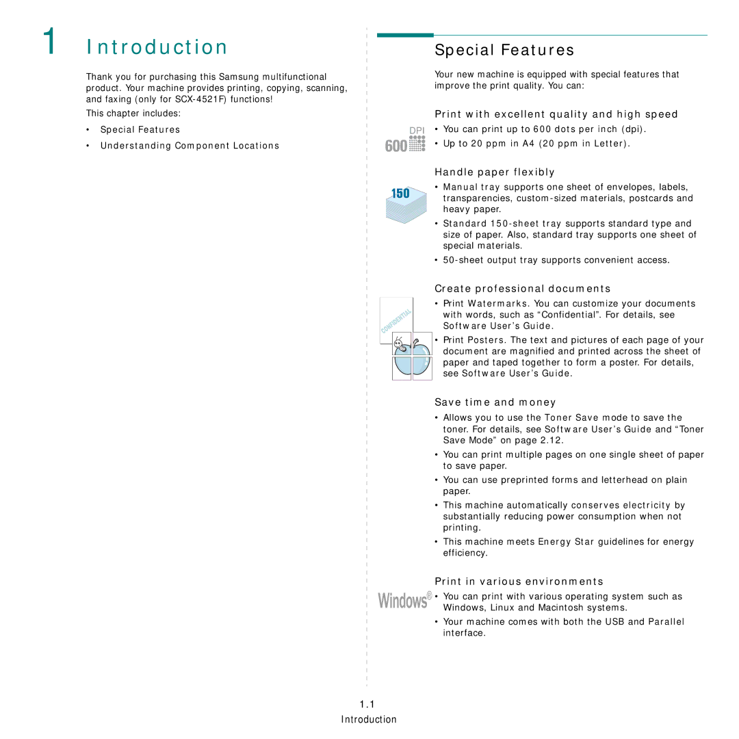 Samsung SCX-4521FG manual Introduction, Special Features 