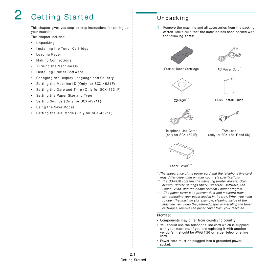 Samsung SCX-4521FG manual Getting Started, Unpacking 