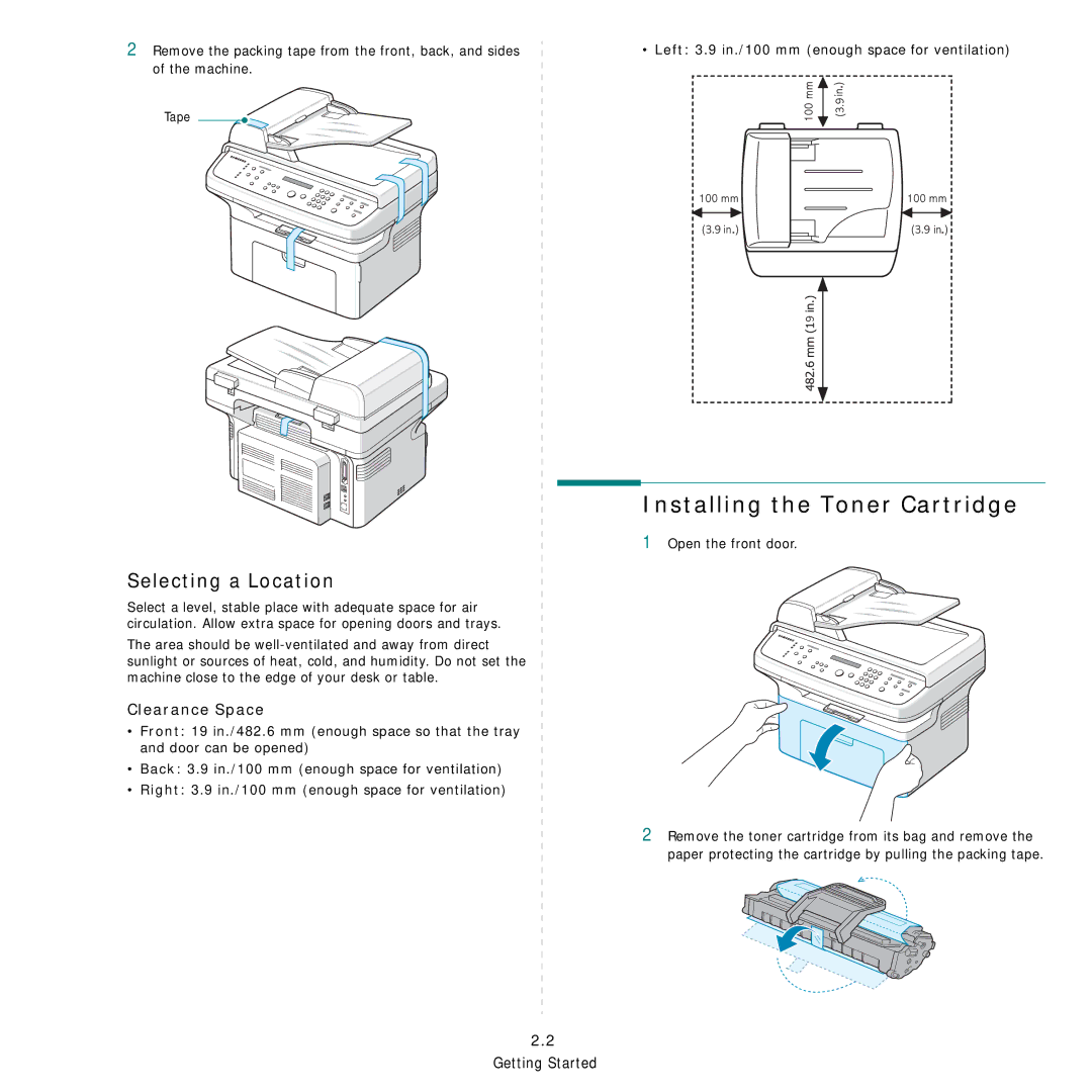 Samsung SCX-4521FG manual Installing the Toner Cartridge, Selecting a Location, Clearance Space, Open the front door 