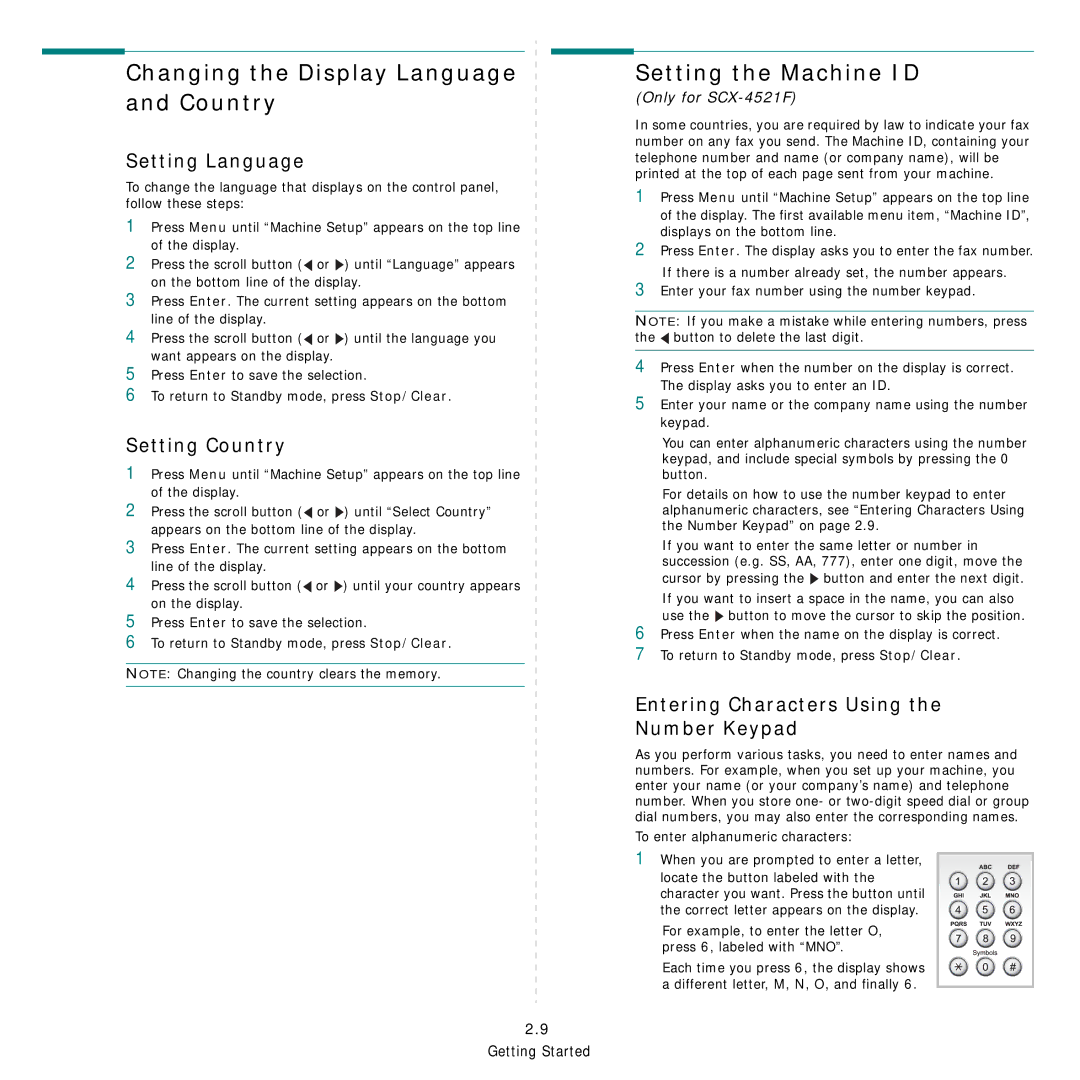 Samsung SCX-4521FG Changing the Display Language and Country, Setting the Machine ID, Setting Language, Setting Country 