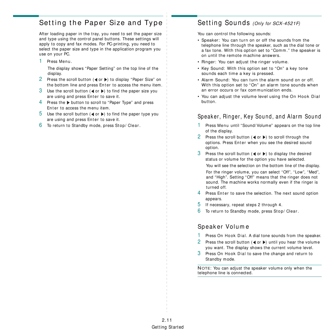 Samsung SCX-4521FG manual Setting the Paper Size and Type, Speaker Volume 