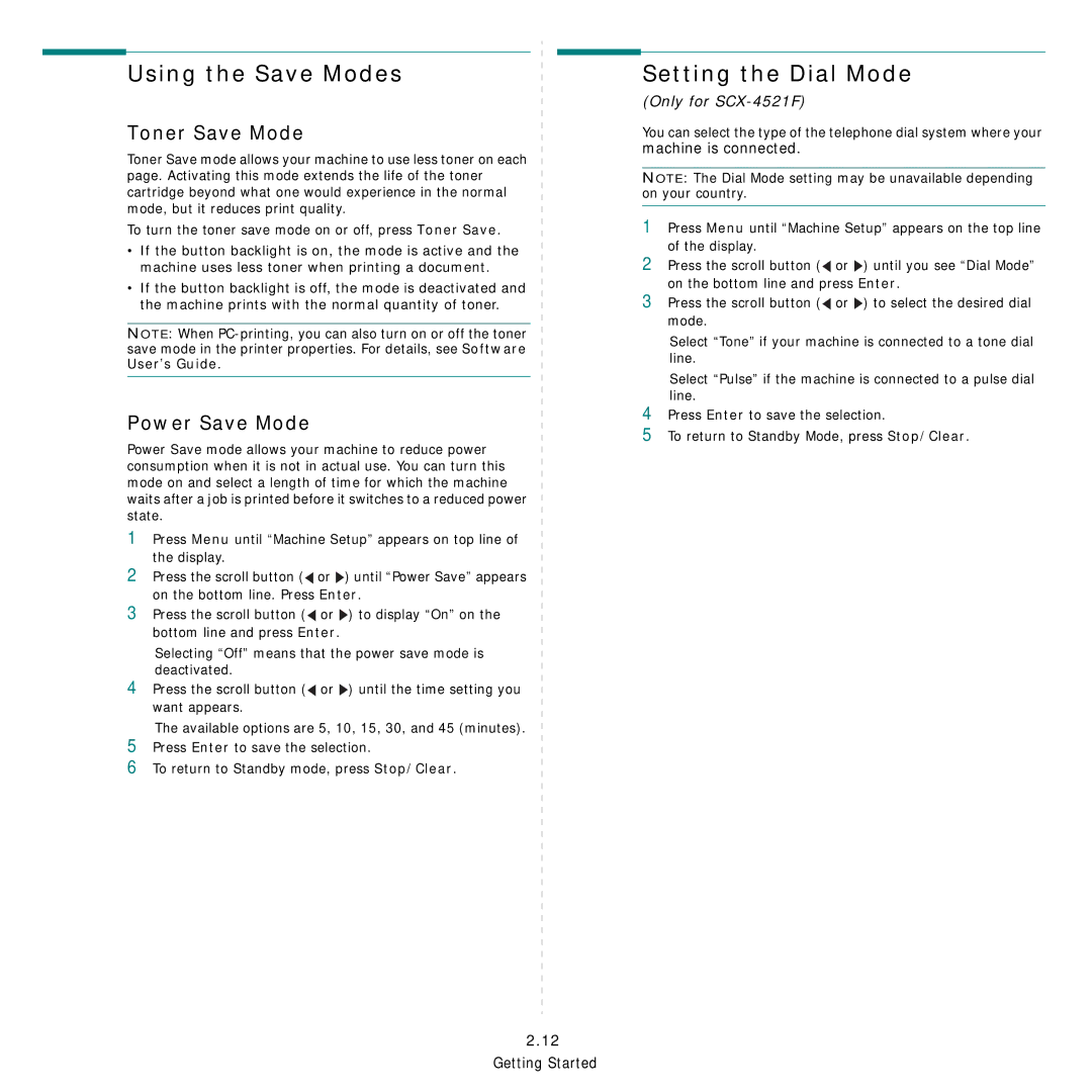 Samsung SCX-4521FG manual Using the Save Modes, Setting the Dial Mode, Toner Save Mode, Power Save Mode 