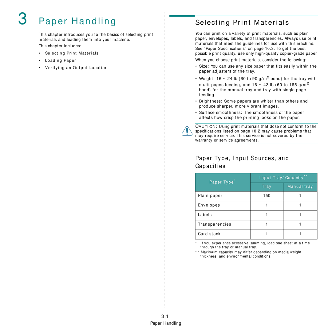 Samsung SCX-4521FG manual Paper Handling, Selecting Print Materials, Paper Type, Input Sources, and Capacities 