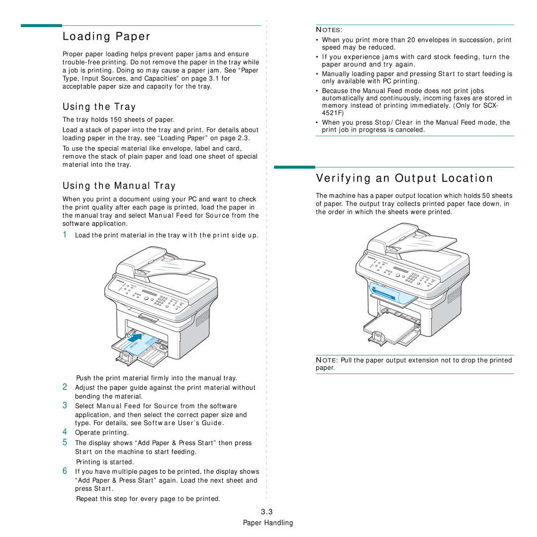 Samsung SCX-4521FG Verifying an Output Location, Using the Tray, Using the Manual Tray, Tray holds 150 sheets of paper 