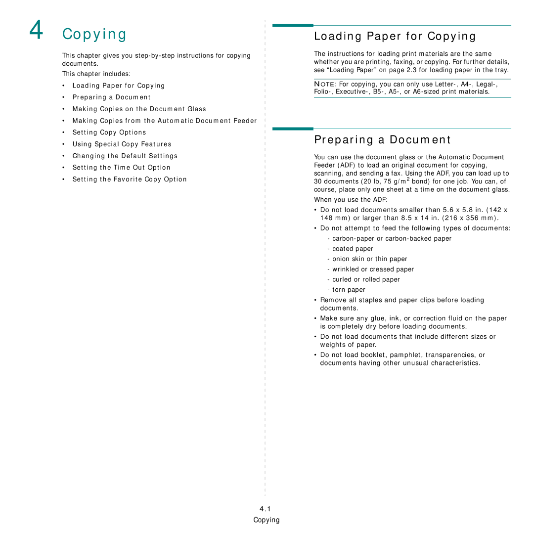 Samsung SCX-4521FG manual Loading Paper for Copying, Preparing a Document 