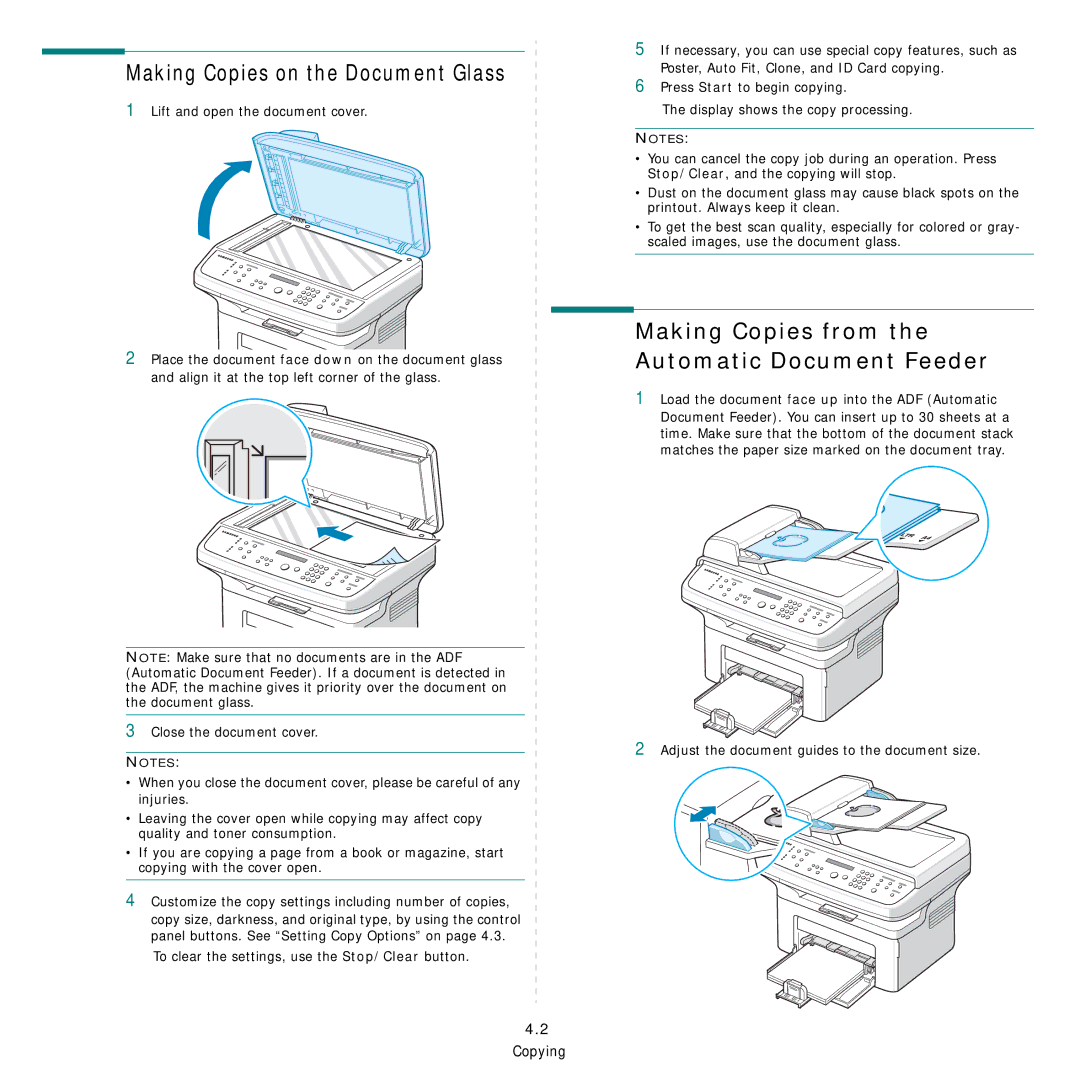 Samsung SCX-4521FG manual Making Copies on the Document Glass, Making Copies from the Automatic Document Feeder 