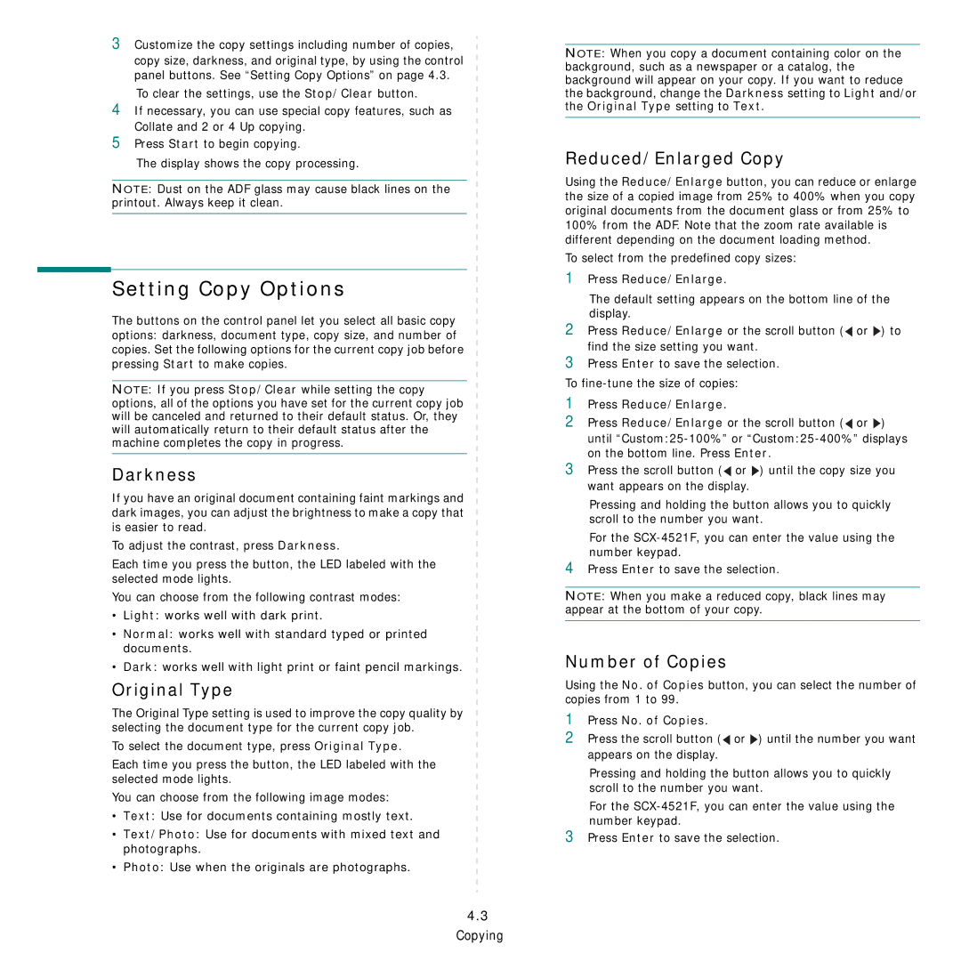 Samsung SCX-4521FG manual Setting Copy Options, Darkness, Original Type, Reduced/Enlarged Copy, Number of Copies 