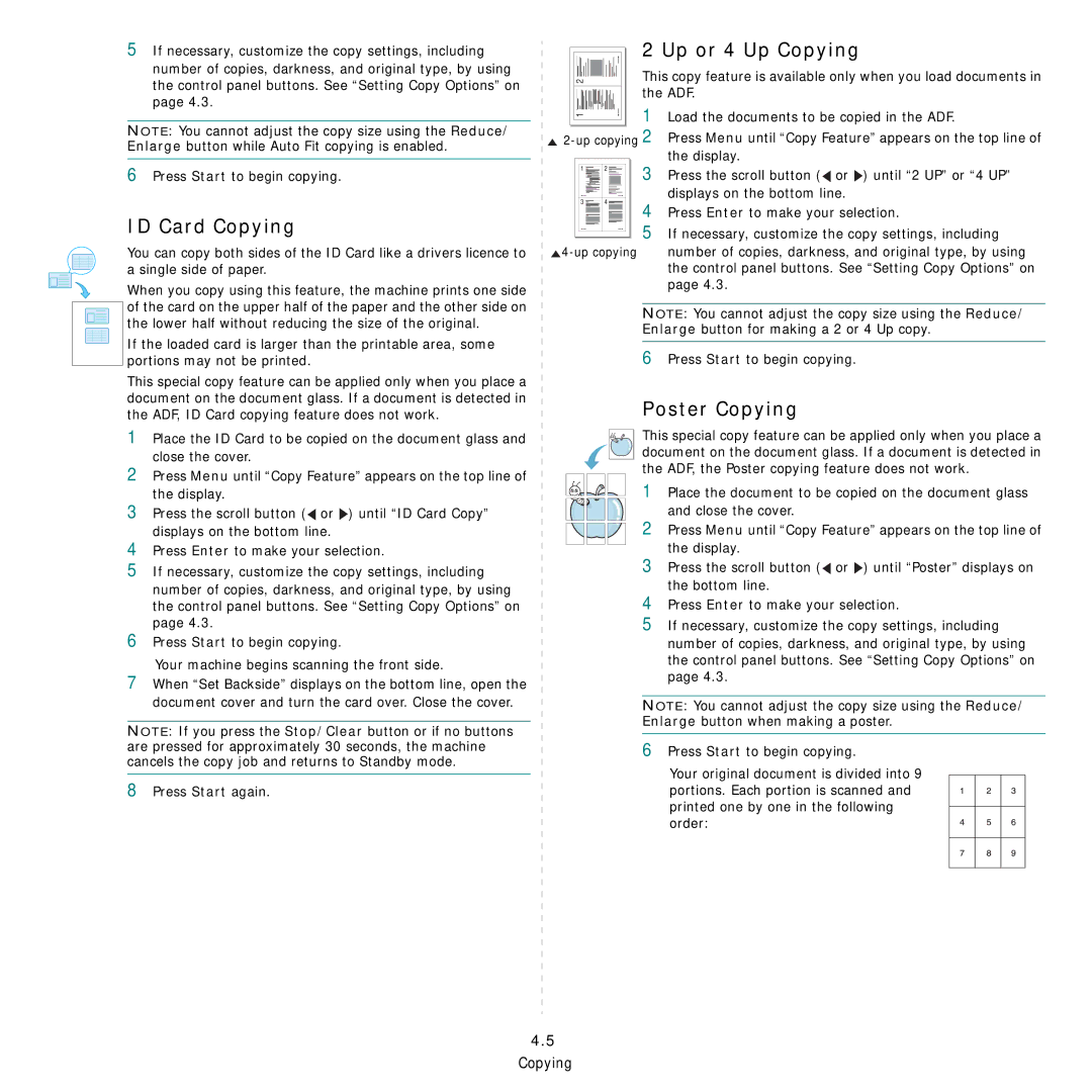 Samsung SCX-4521FG manual ID Card Copying, Up or 4 Up Copying, Poster Copying 