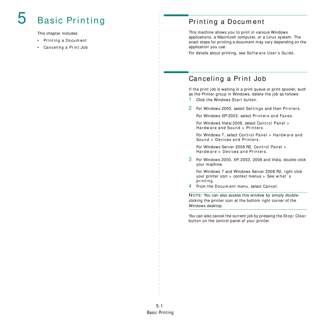 Samsung SCX-4521FG manual Basic Printing, Printing a Document Canceling a Print Job, Click the Windows Start button 