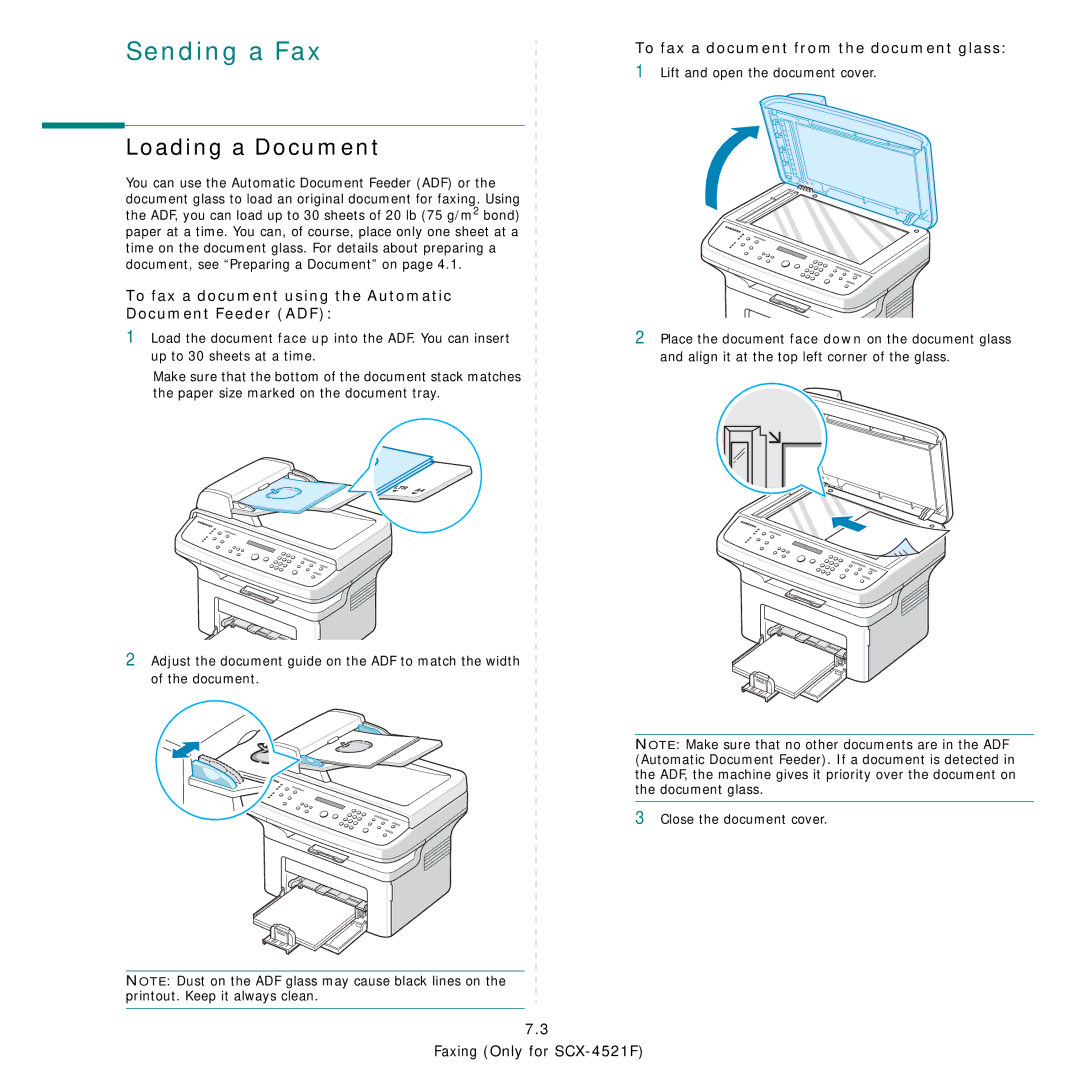 Samsung SCX-4521FG manual Loading a Document, To fax a document using the Automatic Document Feeder ADF 