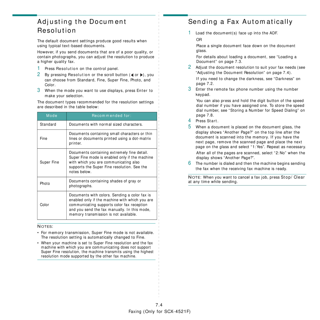 Samsung SCX-4521FG manual Adjusting the Document Resolution, Sending a Fax Automatically, Mode Recommended for 