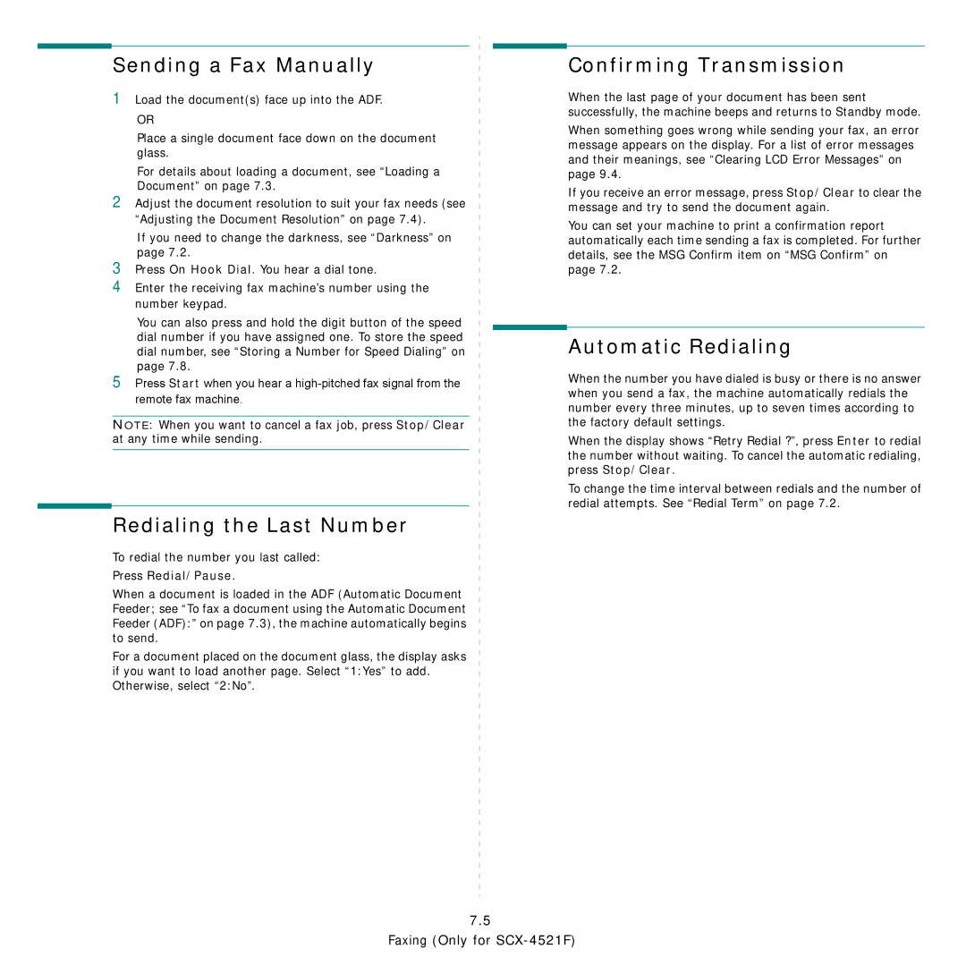 Samsung SCX-4521FG manual Sending a Fax Manually, Redialing the Last Number, Confirming Transmission, Automatic Redialing 