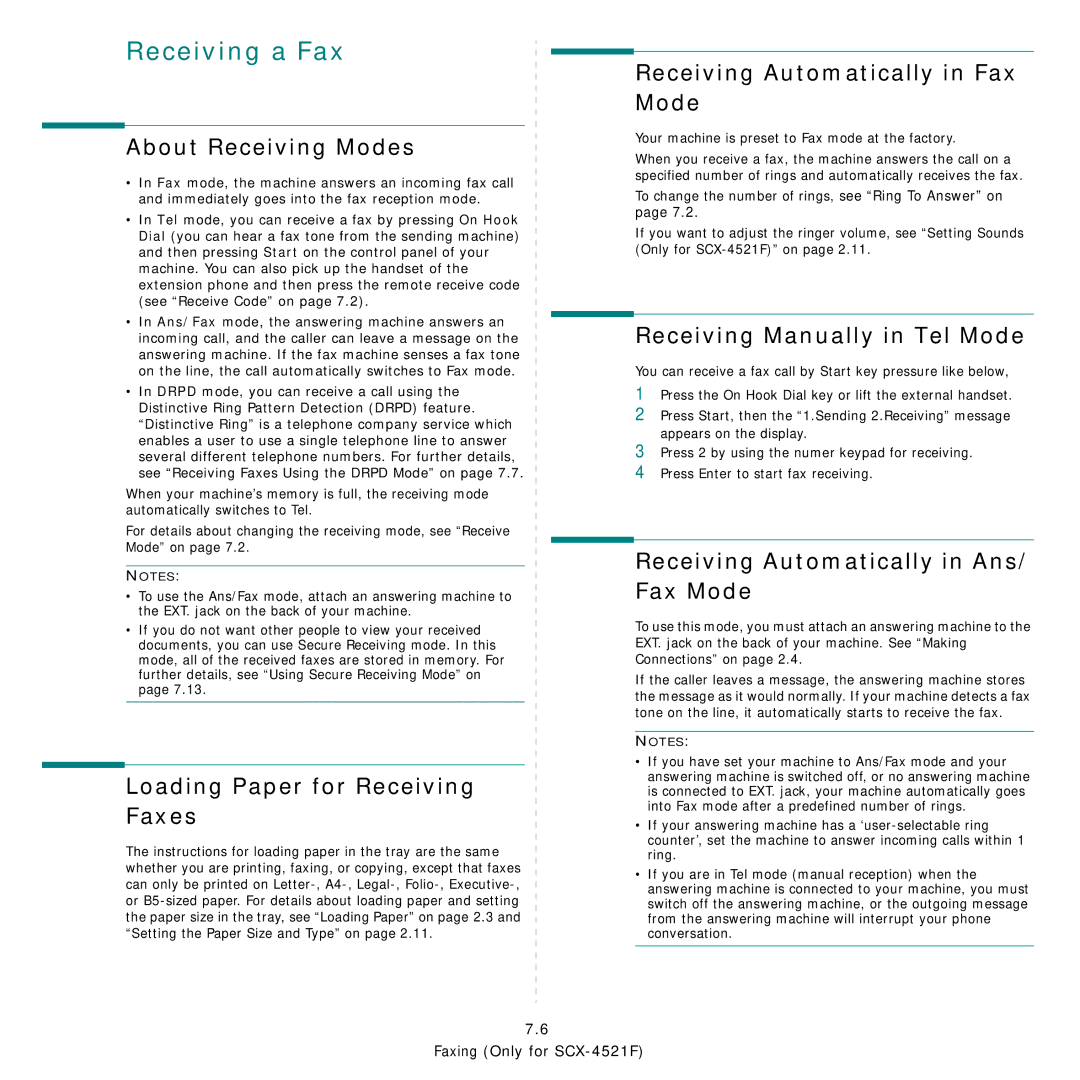 Samsung SCX-4521FG manual About Receiving Modes, Loading Paper for Receiving Faxes, Receiving Automatically in Fax Mode 